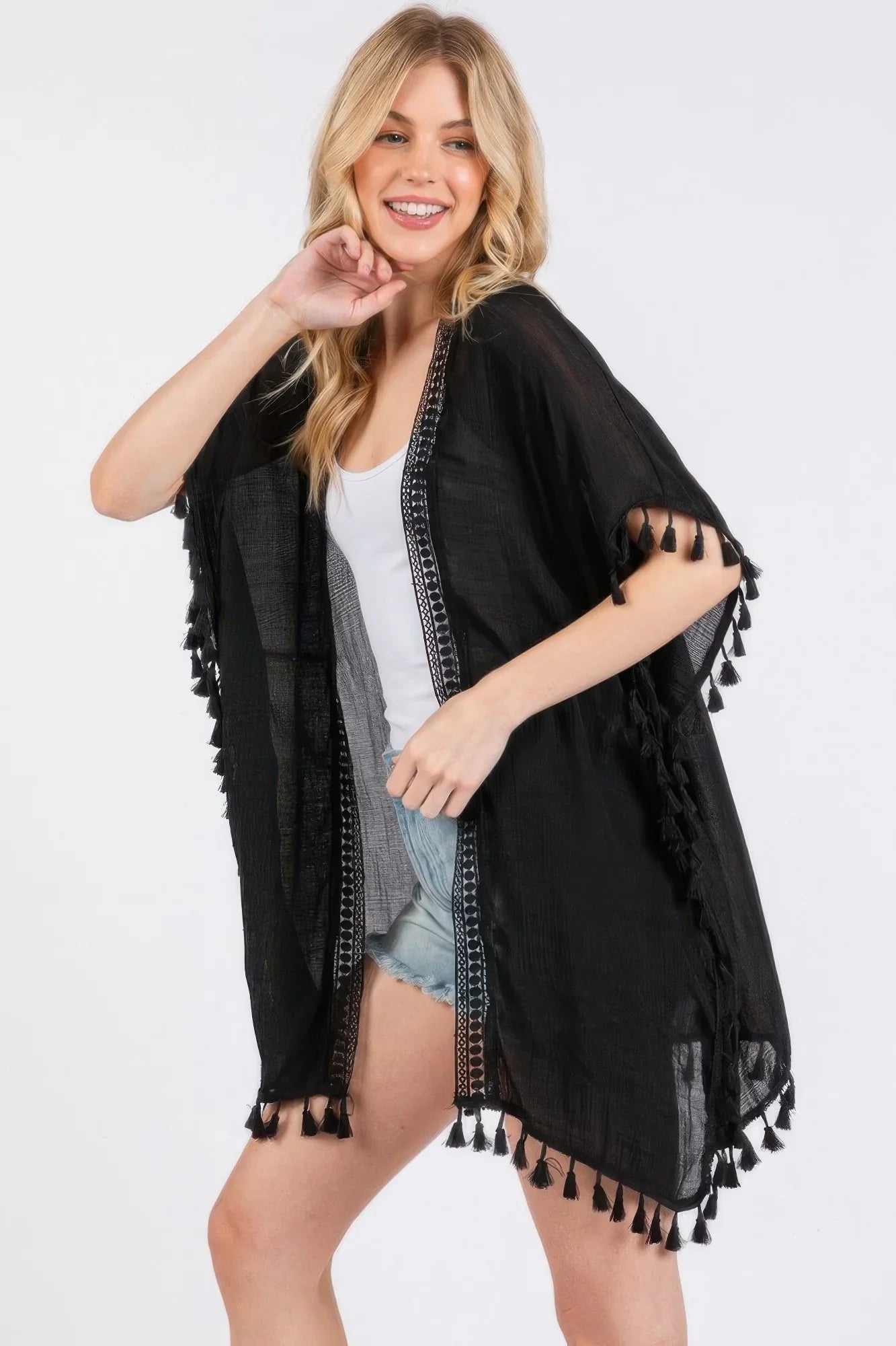 Crochet And Tassel Trim Cover Up - minbolu -