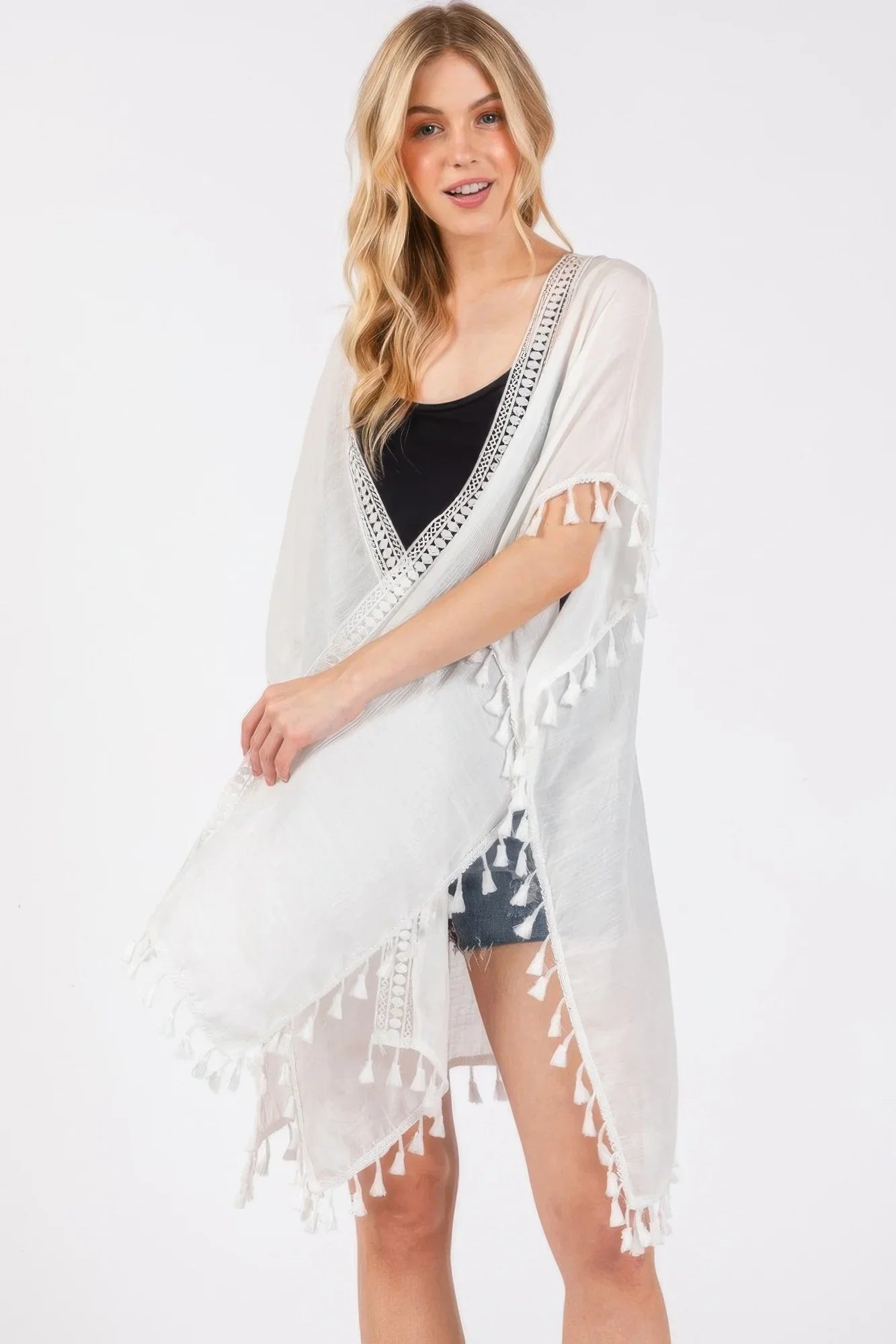 Crochet And Tassel Trim Cover Up - minbolu -