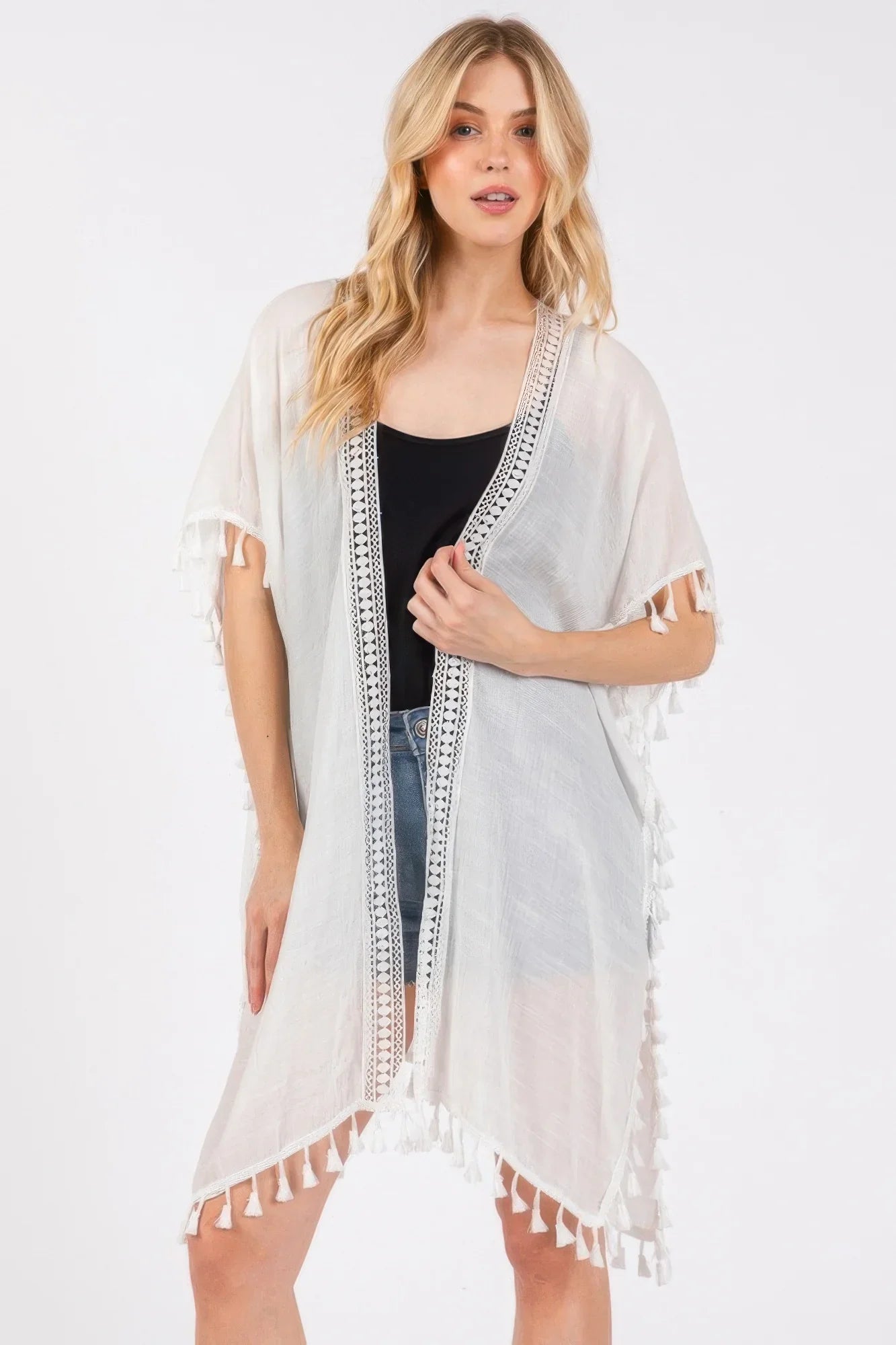 Crochet And Tassel Trim Cover Up - minbolu -