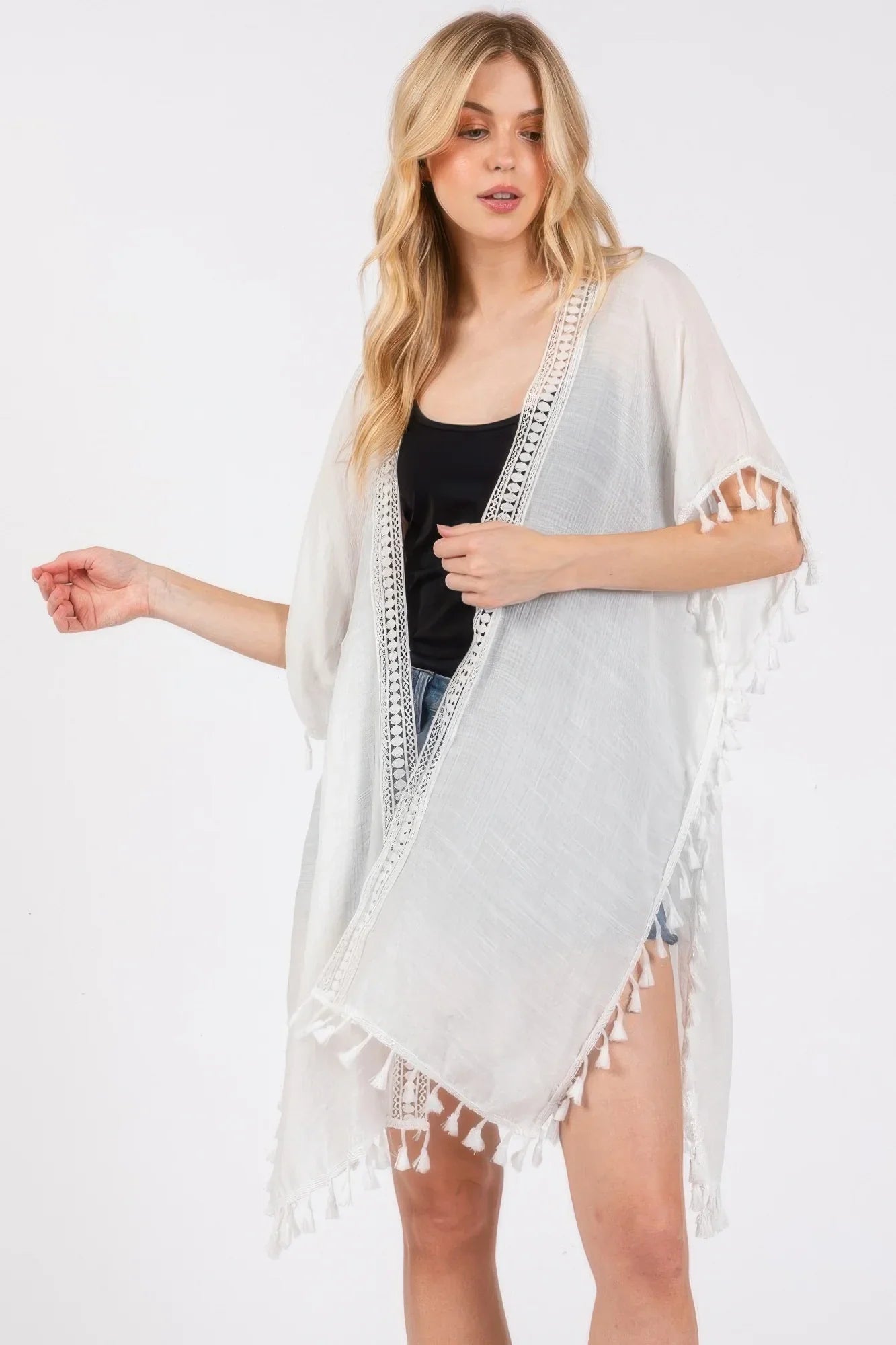 Crochet And Tassel Trim Cover Up - minbolu -