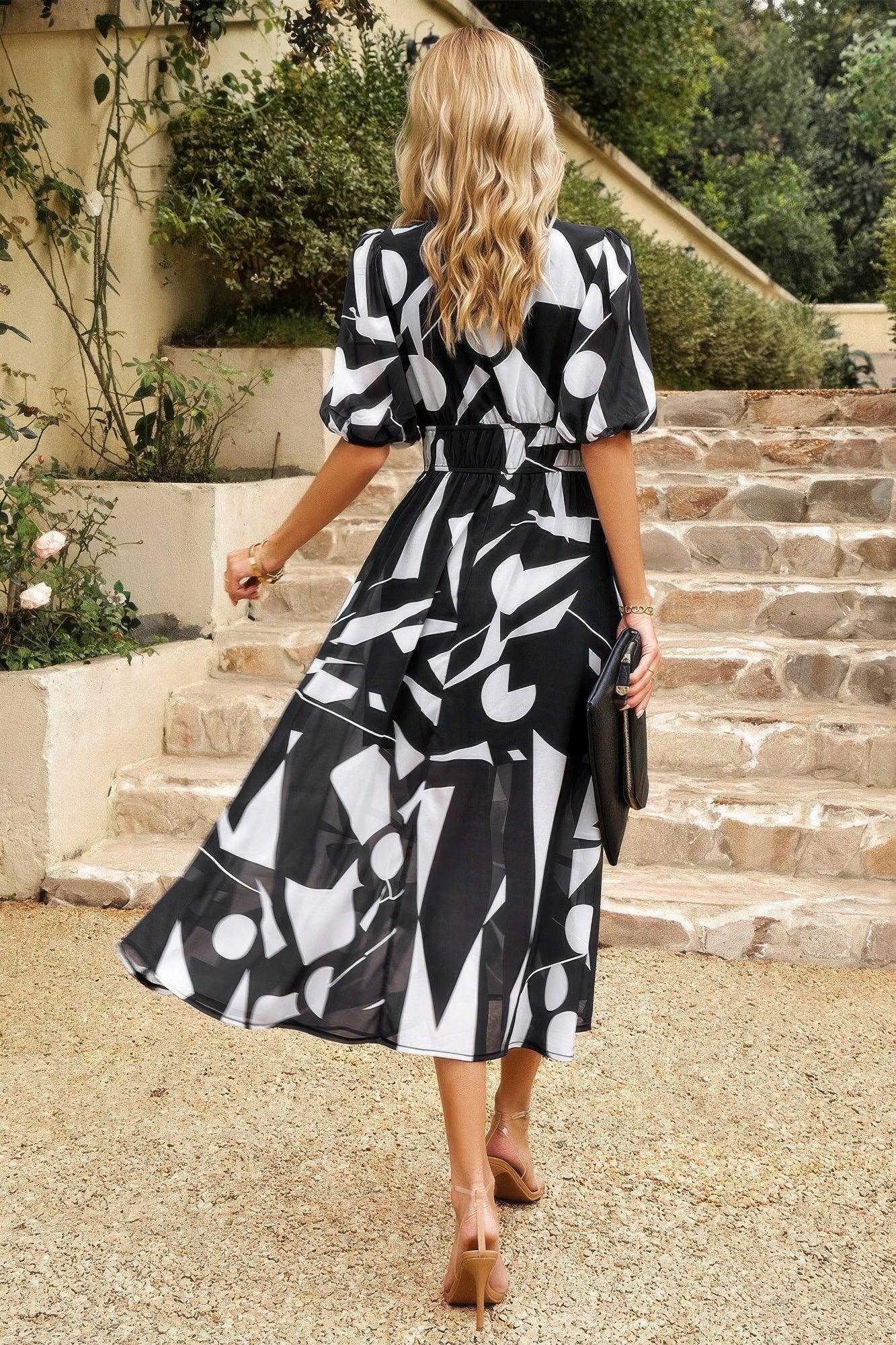 Bohemian V Neck Elastic Waisted Band Midi Dress - minbolu -