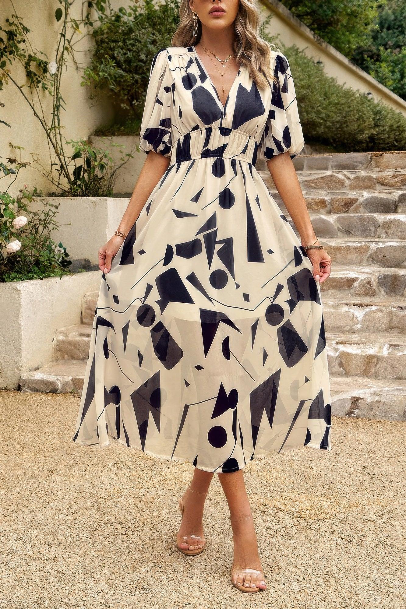 Bohemian V Neck Elastic Waisted Band Midi Dress - minbolu -