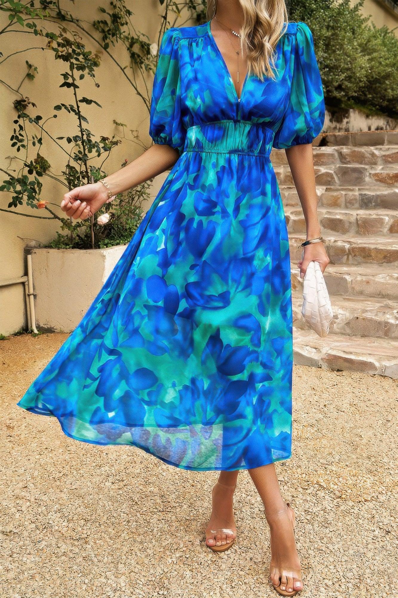 Bohemian V Neck Elastic Waisted Band Midi Dress - minbolu -