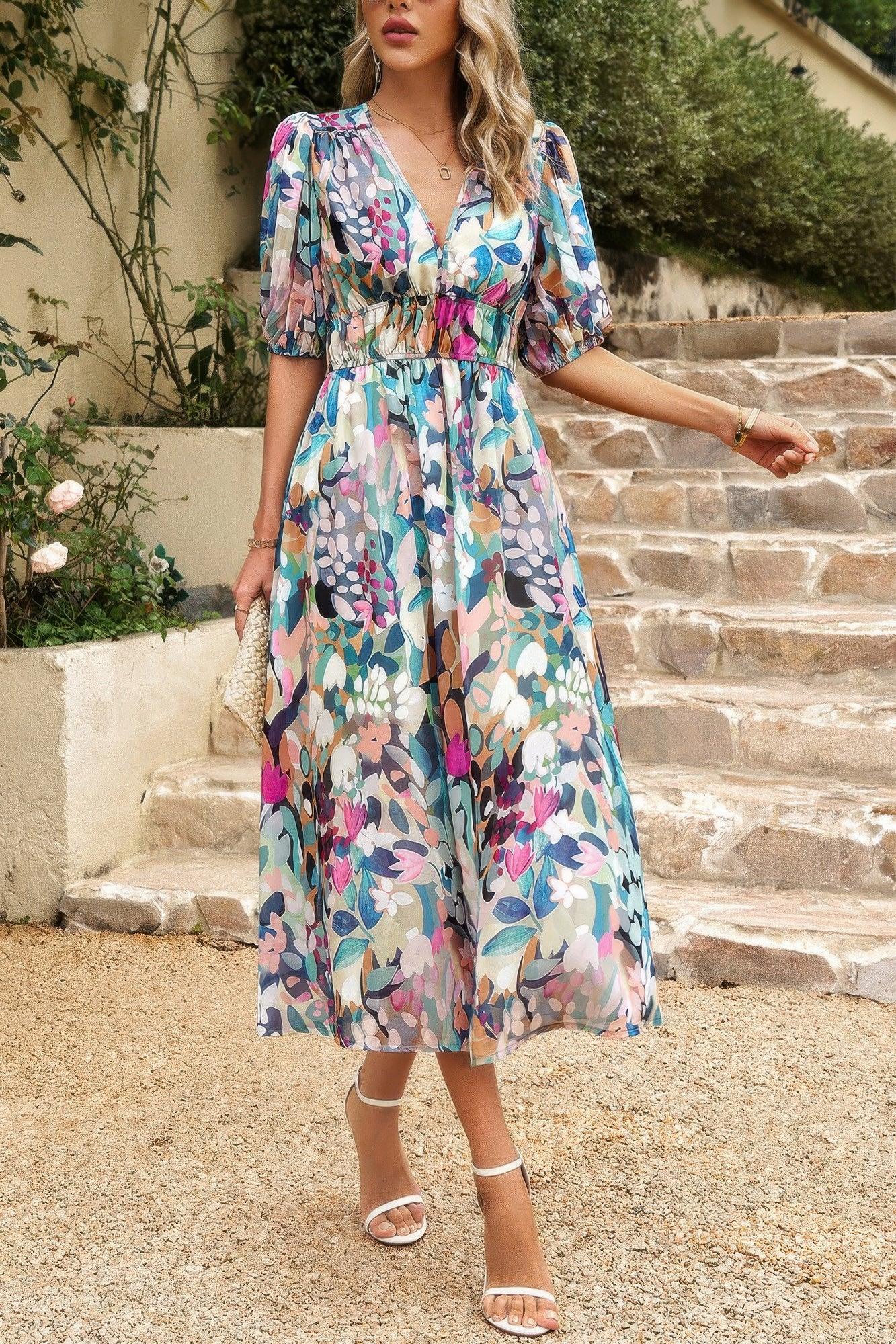 Bohemian V Neck Elastic Waisted Band Midi Dress - minbolu -