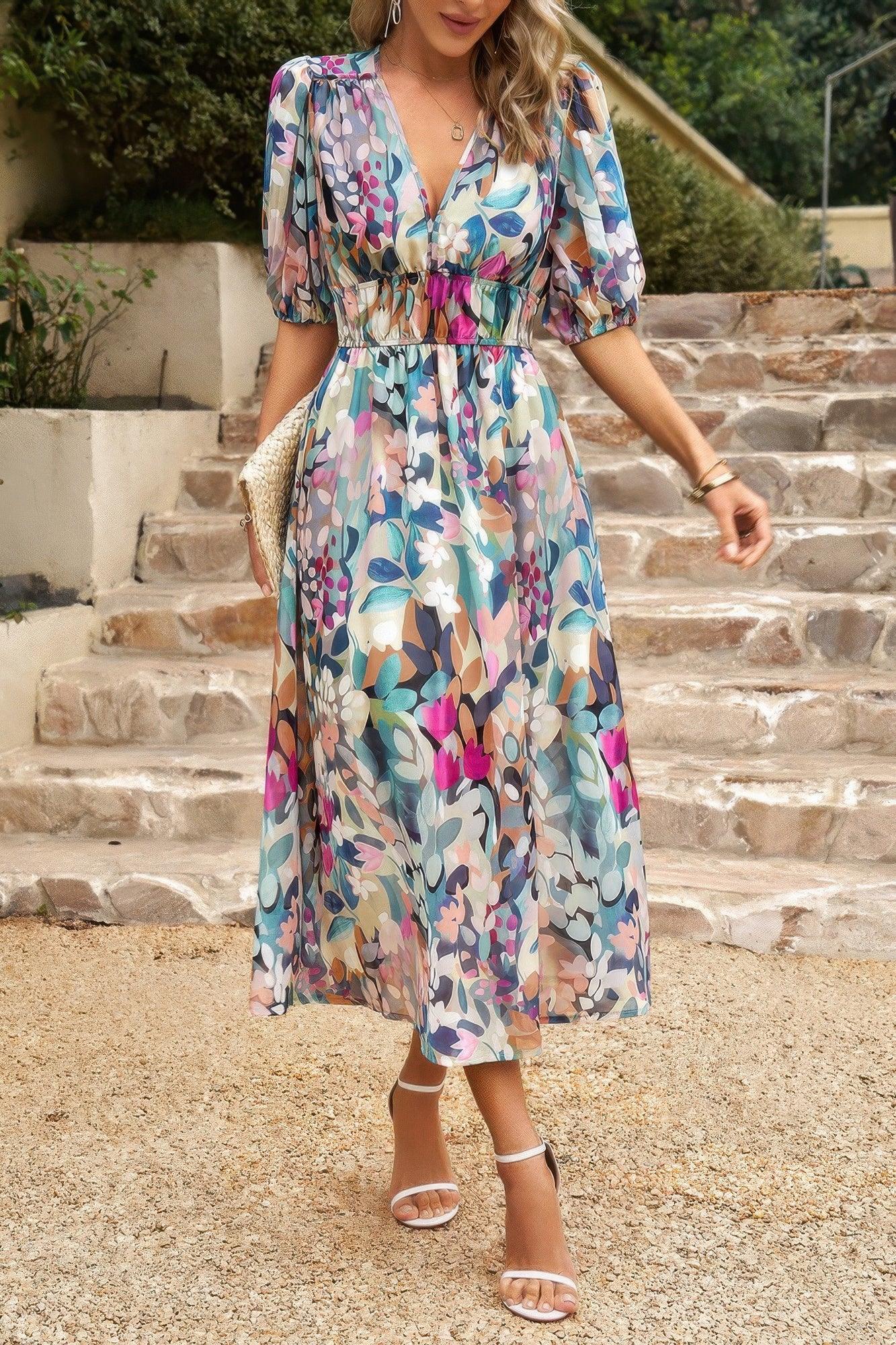 Bohemian V Neck Elastic Waisted Band Midi Dress - minbolu -