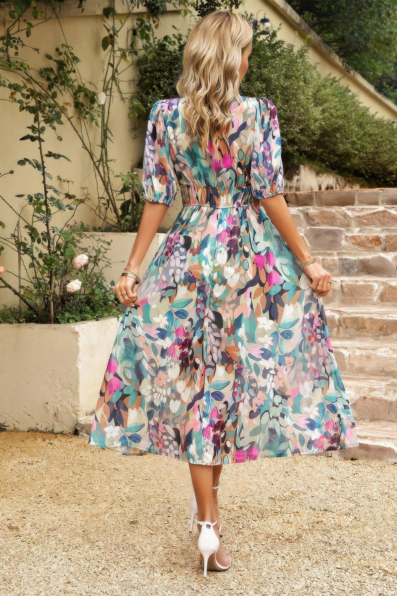 Bohemian V Neck Elastic Waisted Band Midi Dress - minbolu -