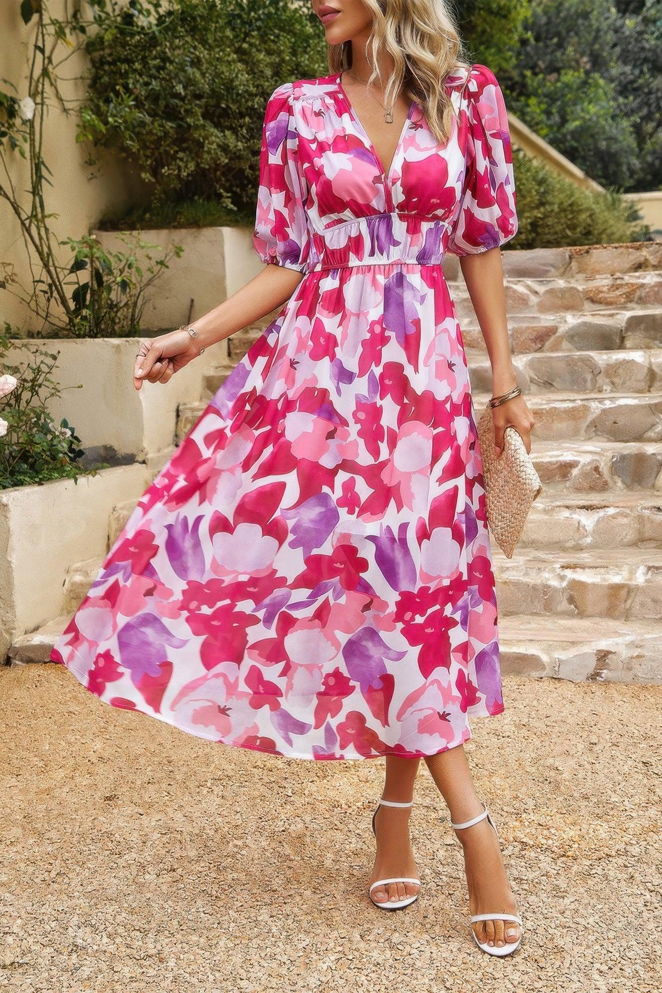 Bohemian V Neck Elastic Waisted Band Midi Dress - minbolu -