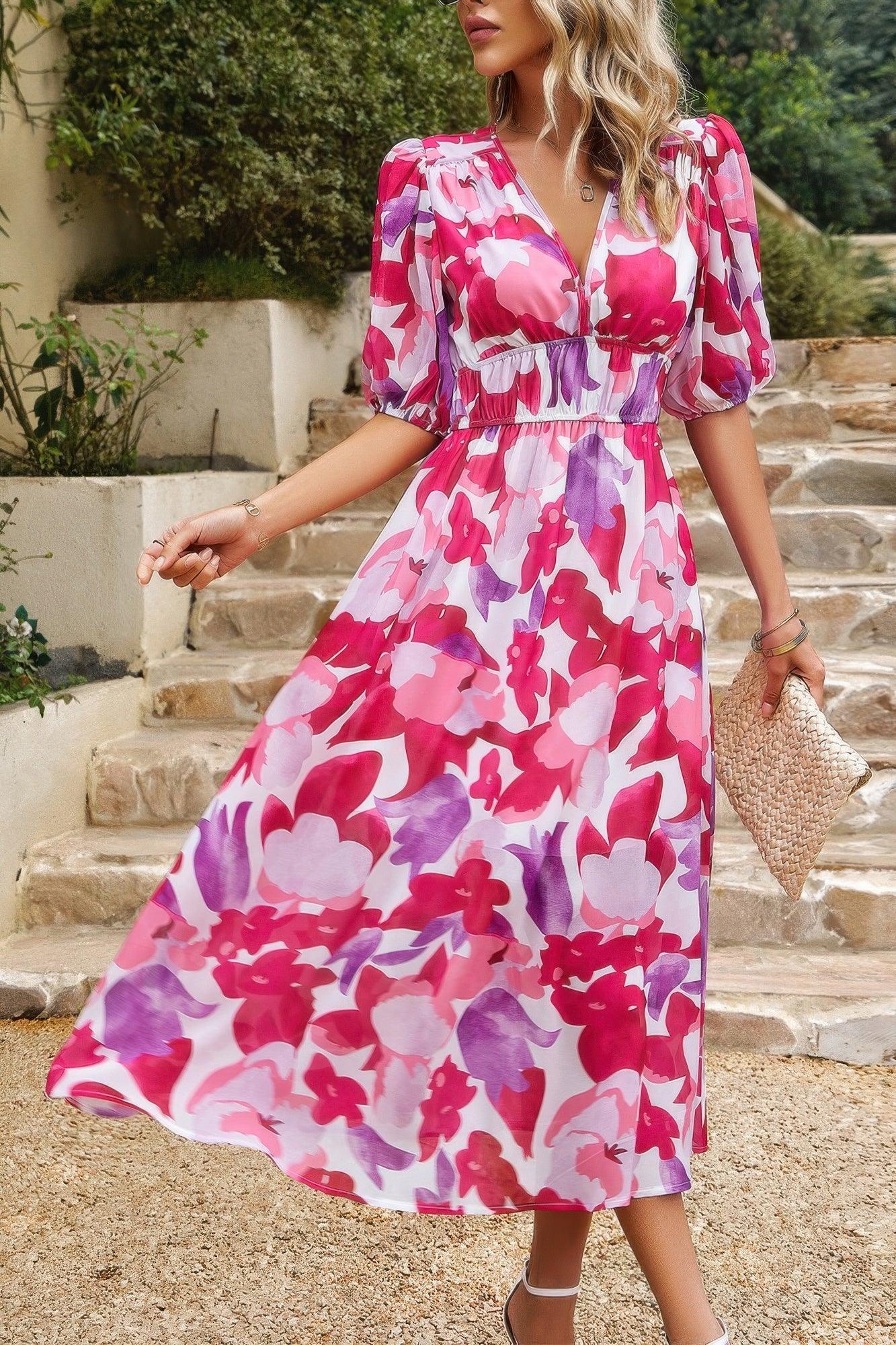 Bohemian V Neck Elastic Waisted Band Midi Dress - minbolu -