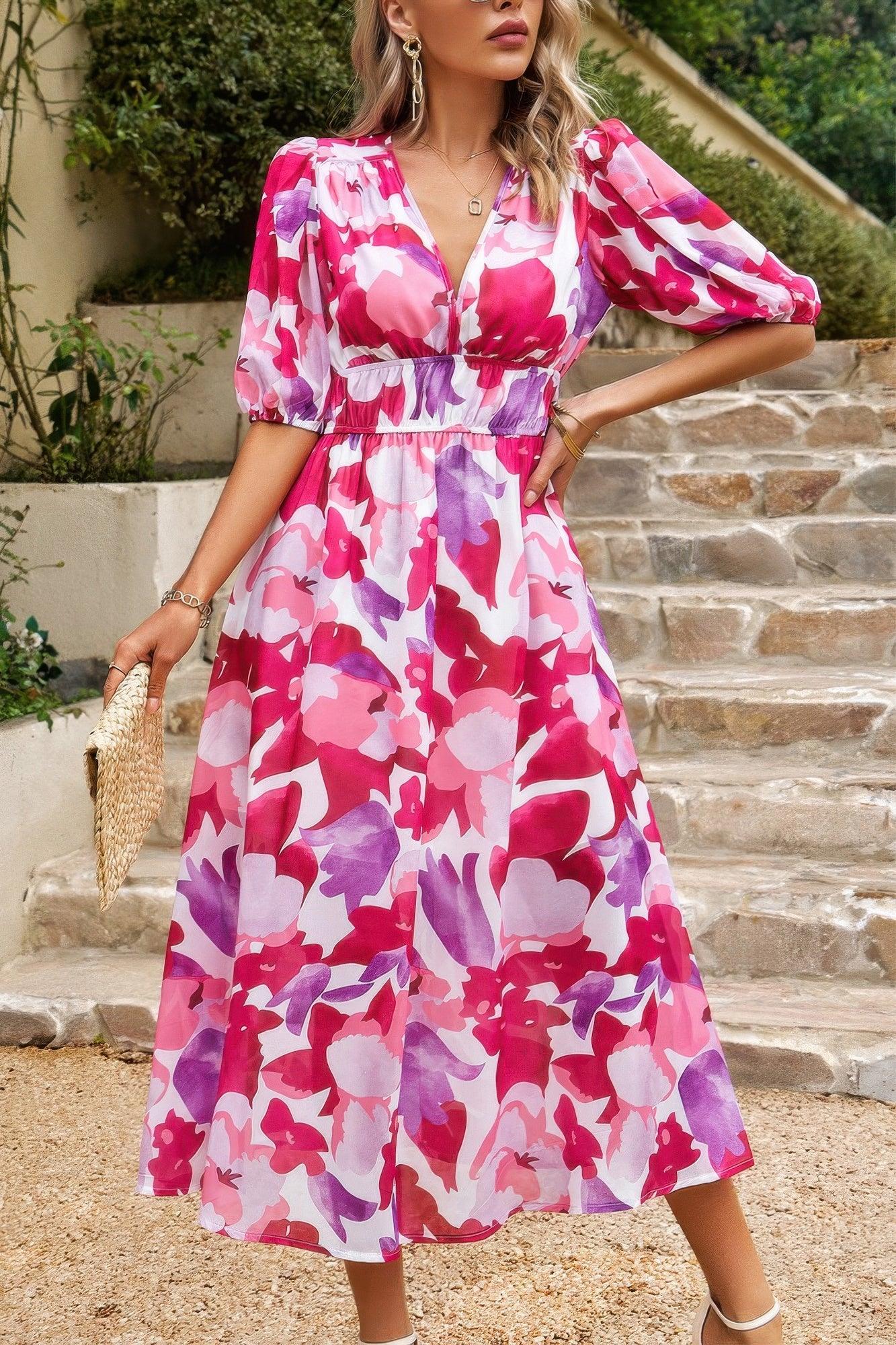 Bohemian V Neck Elastic Waisted Band Midi Dress - minbolu -