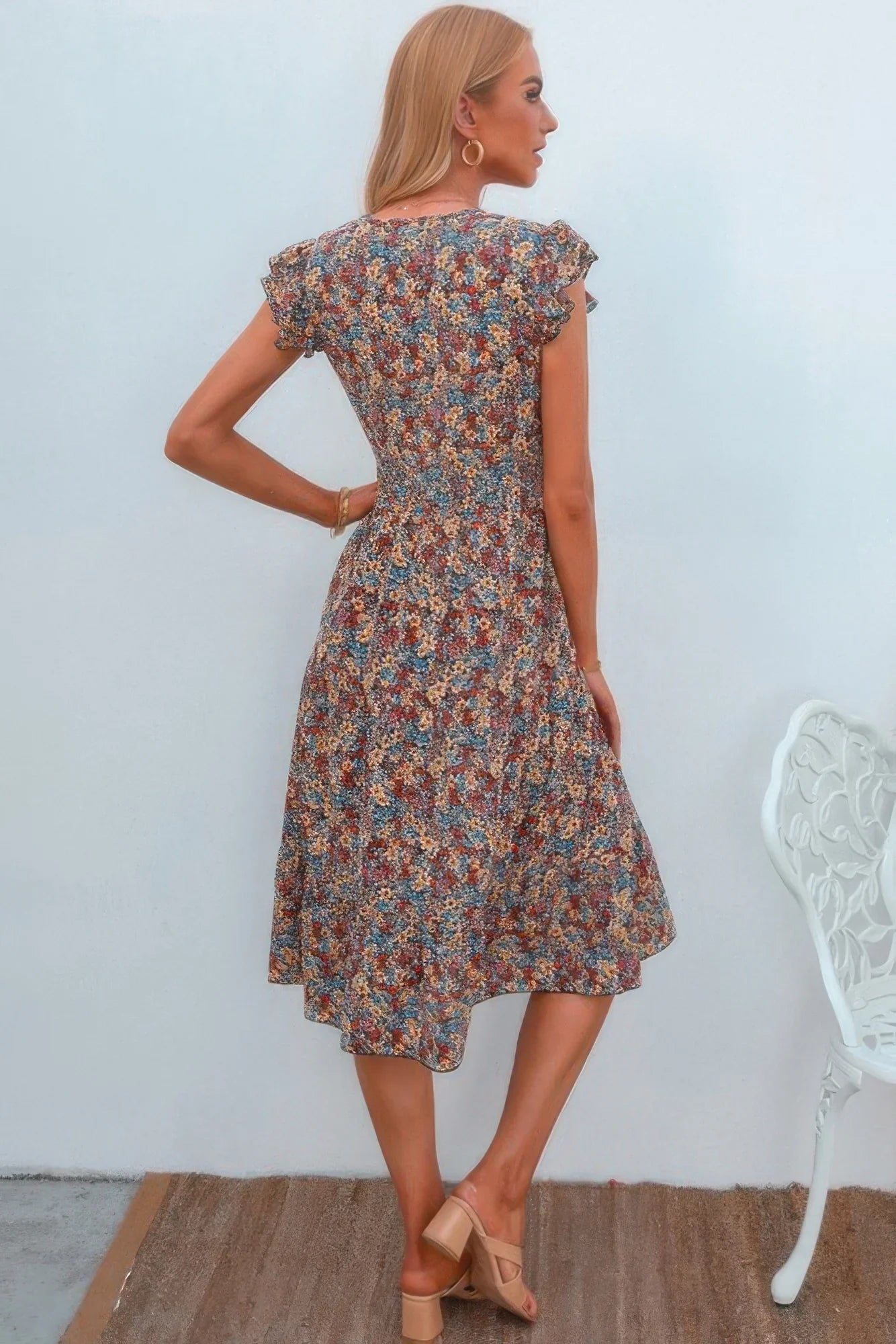 Boho Floral V Neck Ruffle Sleeve A Line Midi Dress - minbolu -