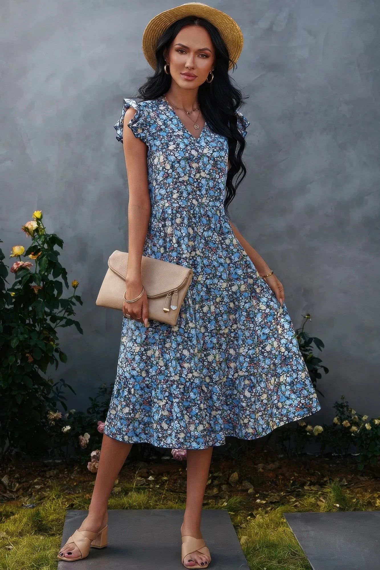 Boho Floral V Neck Ruffle Sleeve A Line Midi Dress - minbolu -