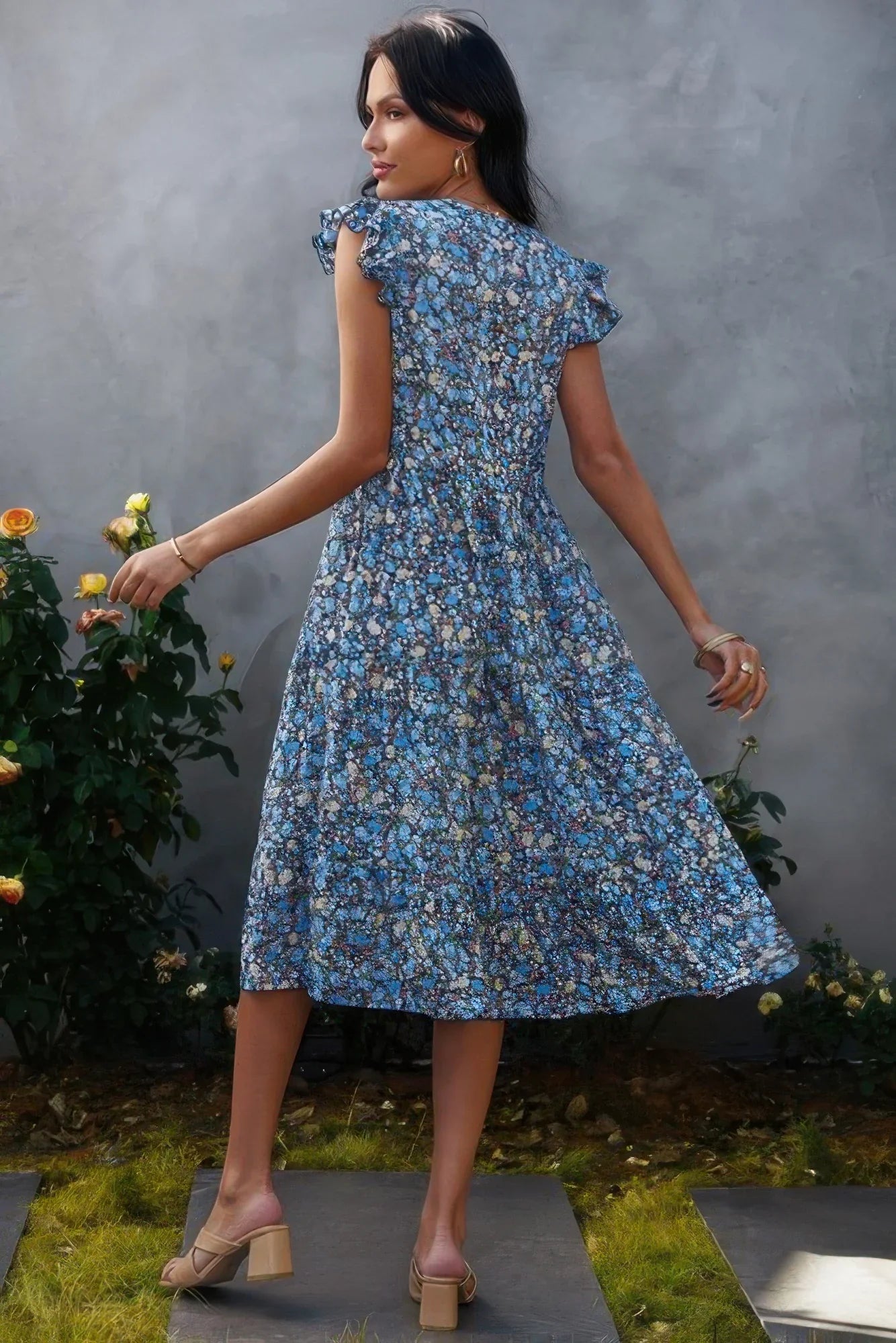 Boho Floral V Neck Ruffle Sleeve A Line Midi Dress - minbolu -