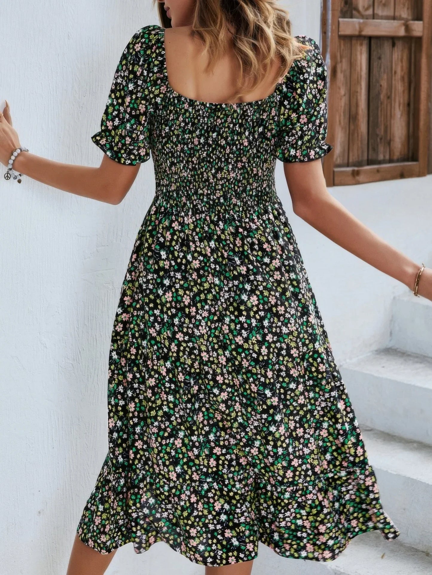 Bohemia Floral Puff Sleeve Flounce Sleeve Dress - minbolu -