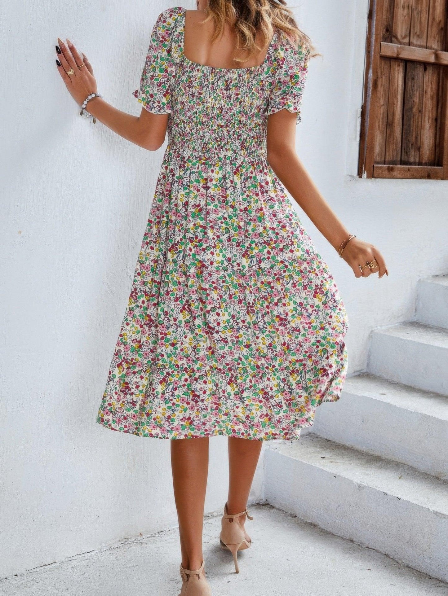 Bohemia Floral Puff Sleeve Flounce Sleeve Dress - minbolu -