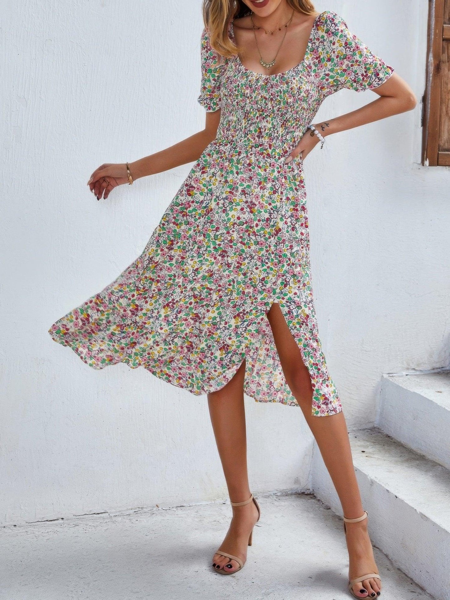 Bohemia Floral Puff Sleeve Flounce Sleeve Dress - minbolu -
