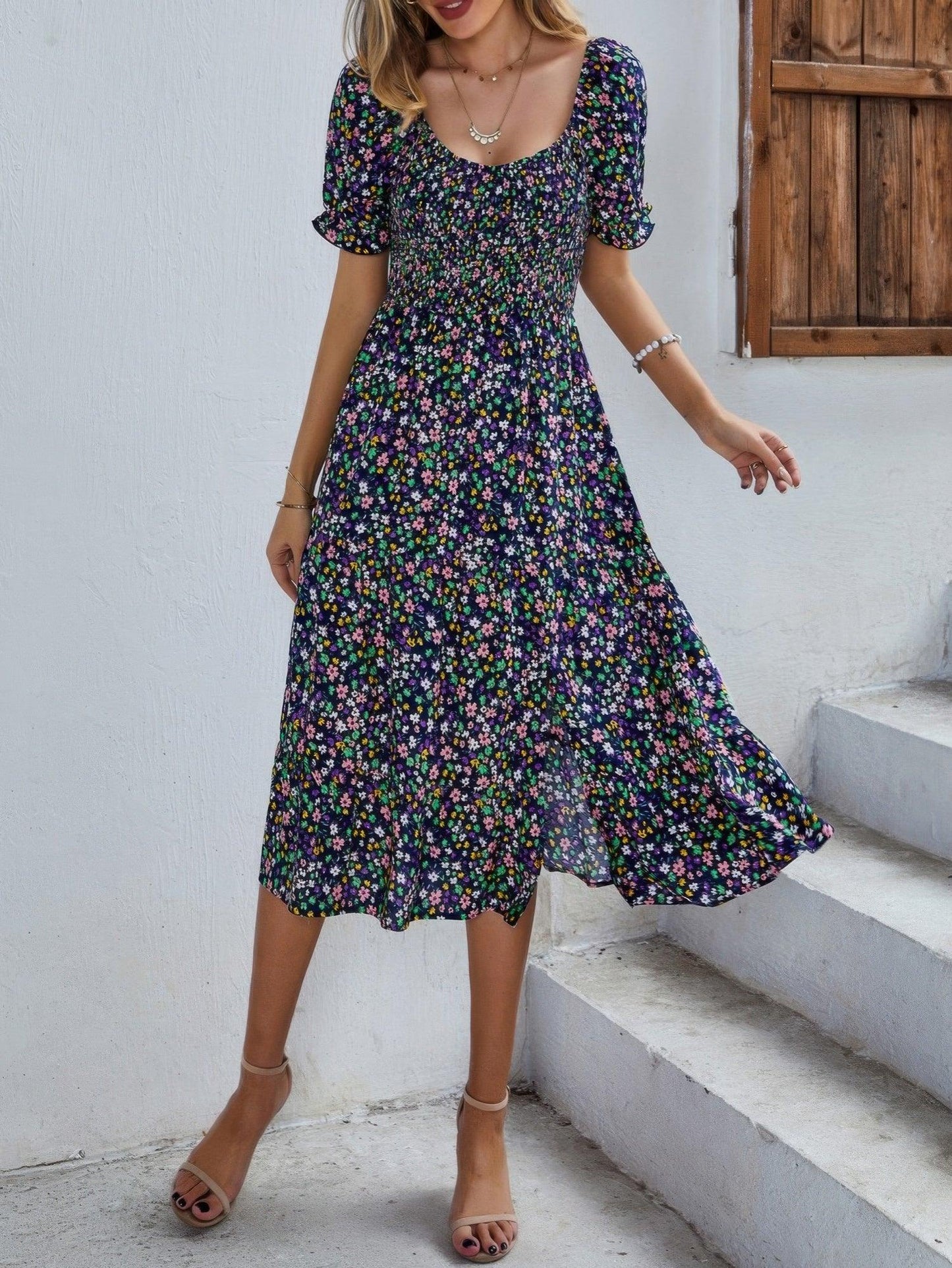 Bohemia Floral Puff Sleeve Flounce Sleeve Dress - minbolu -
