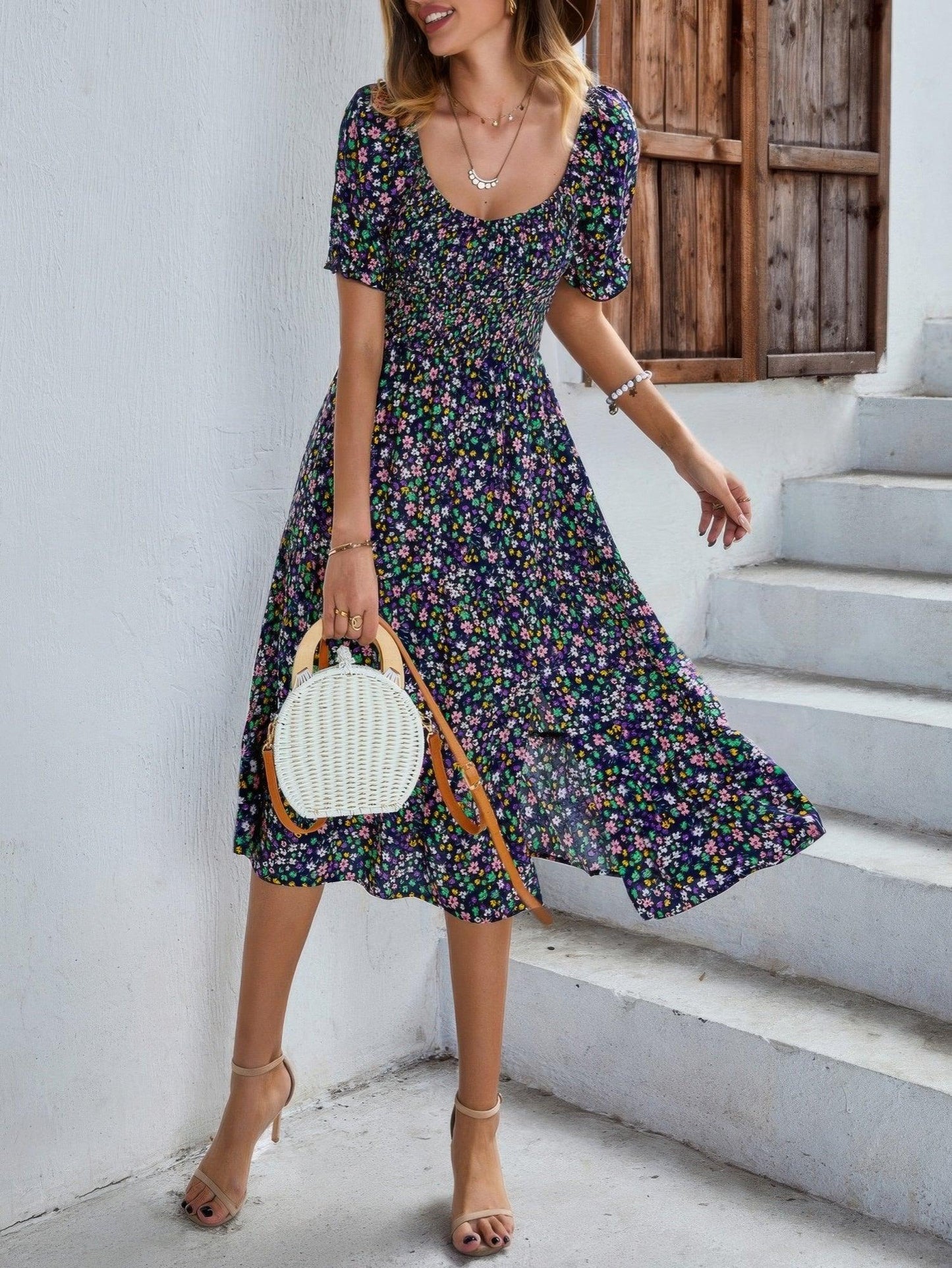 Bohemia Floral Puff Sleeve Flounce Sleeve Dress - minbolu -