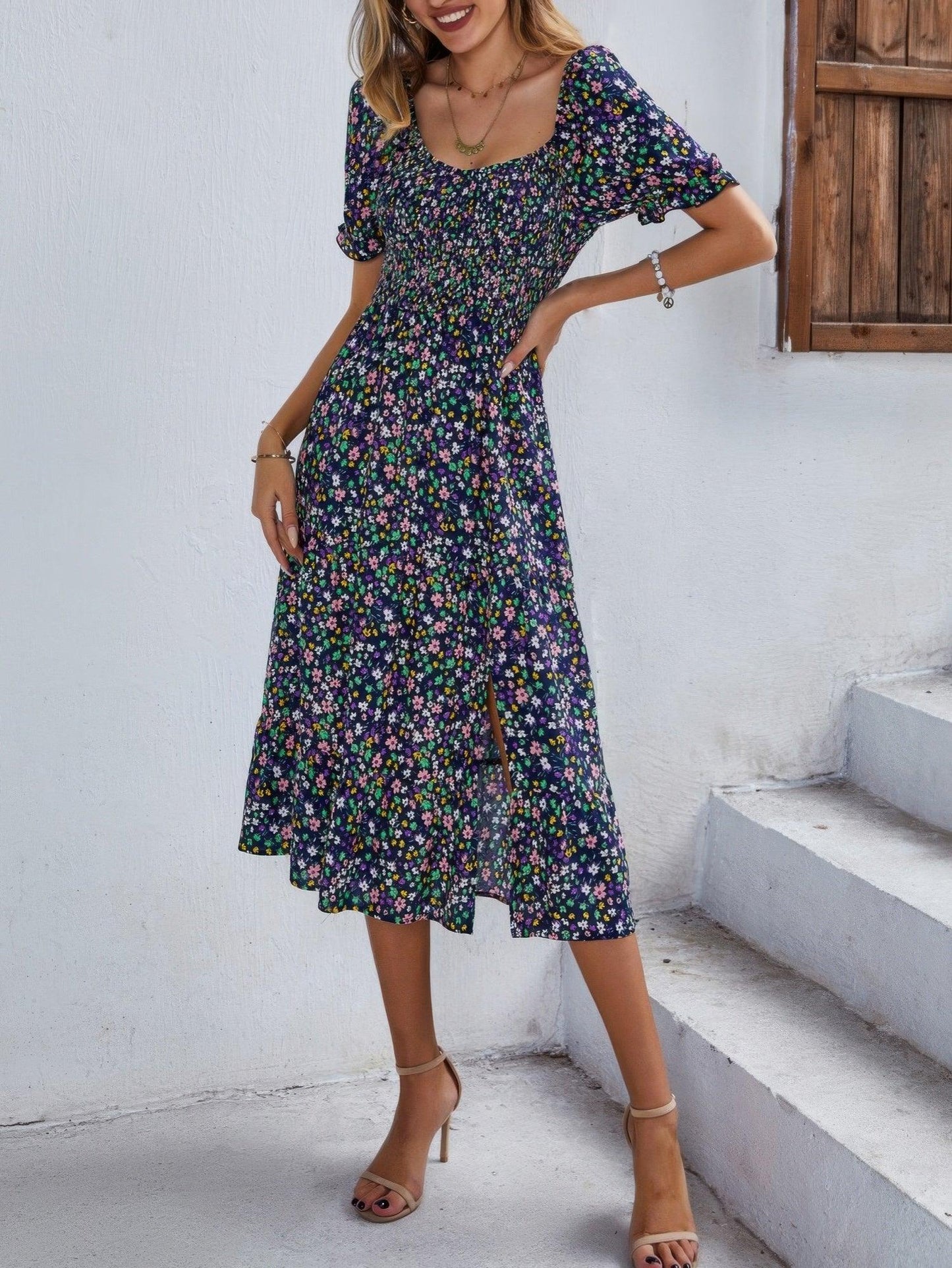 Bohemia Floral Puff Sleeve Flounce Sleeve Dress - minbolu -
