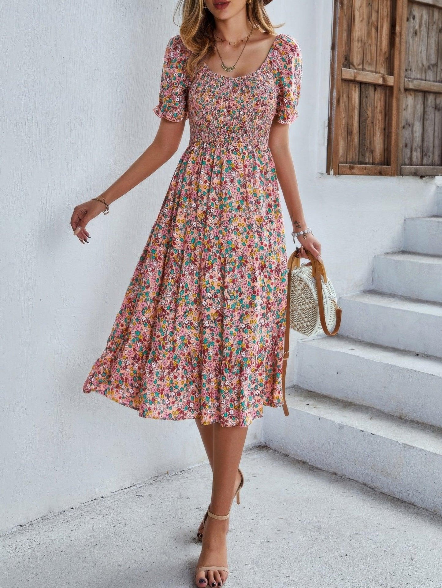 Bohemia Floral Puff Sleeve Flounce Sleeve Dress - minbolu -