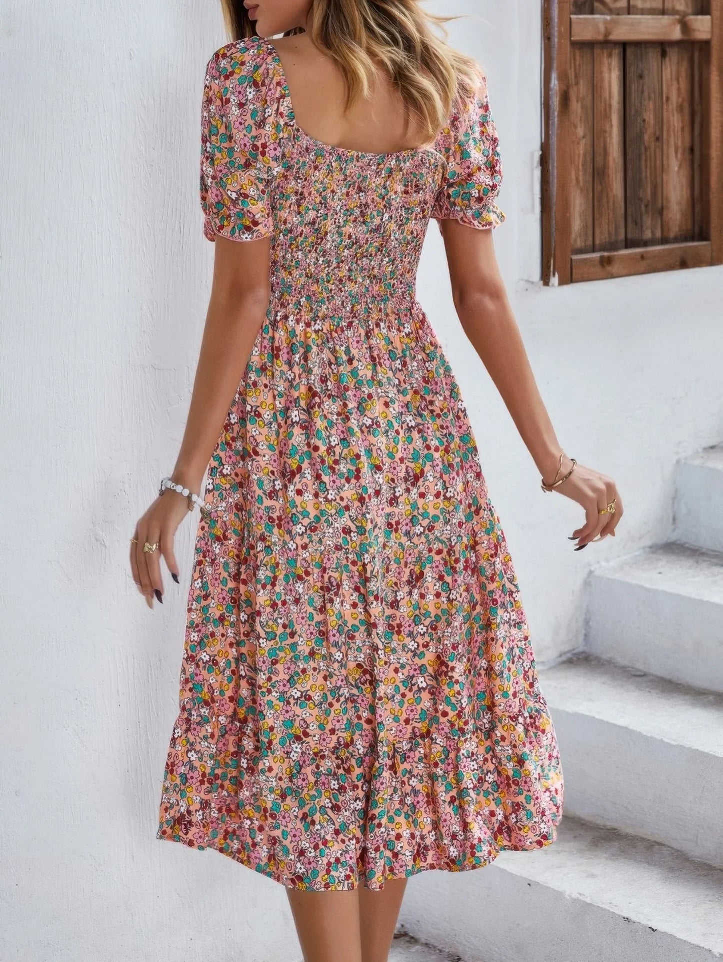 Bohemia Floral Puff Sleeve Flounce Sleeve Dress - minbolu -