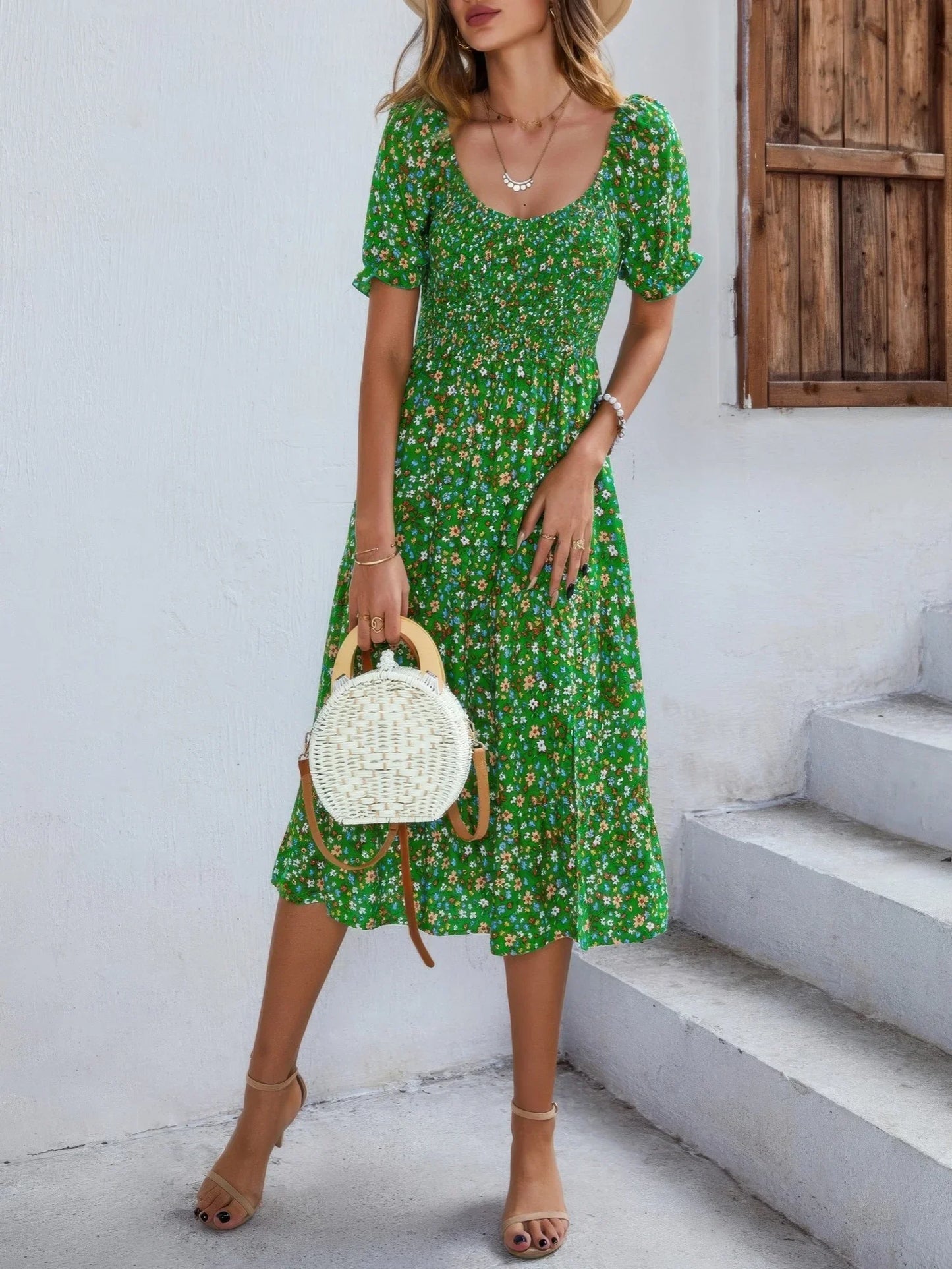 Bohemia Floral Puff Sleeve Flounce Sleeve Dress - minbolu -