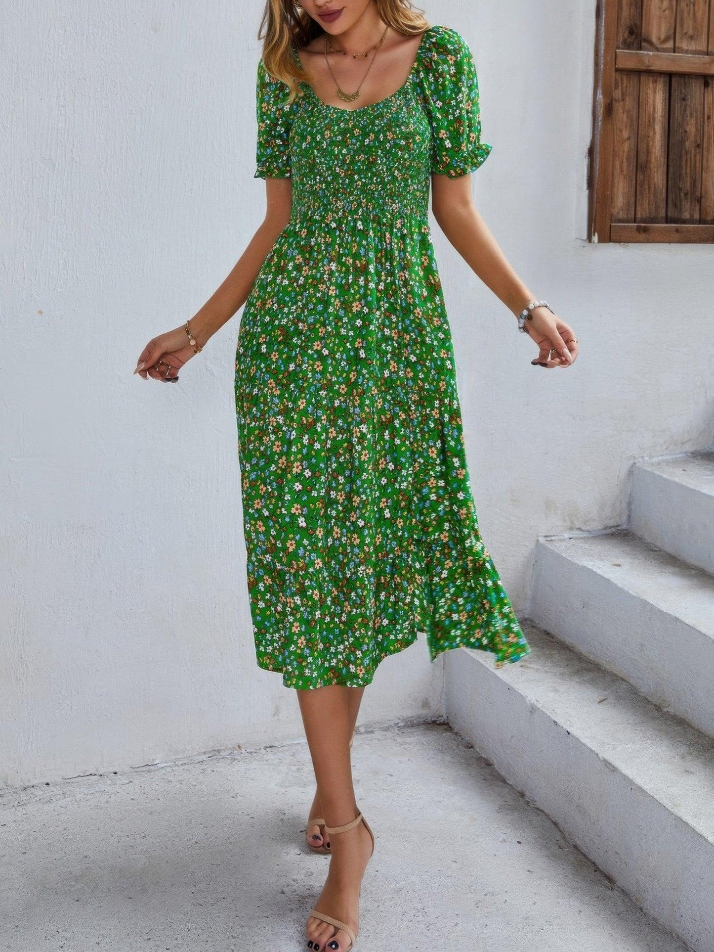 Bohemia Floral Puff Sleeve Flounce Sleeve Dress - minbolu -