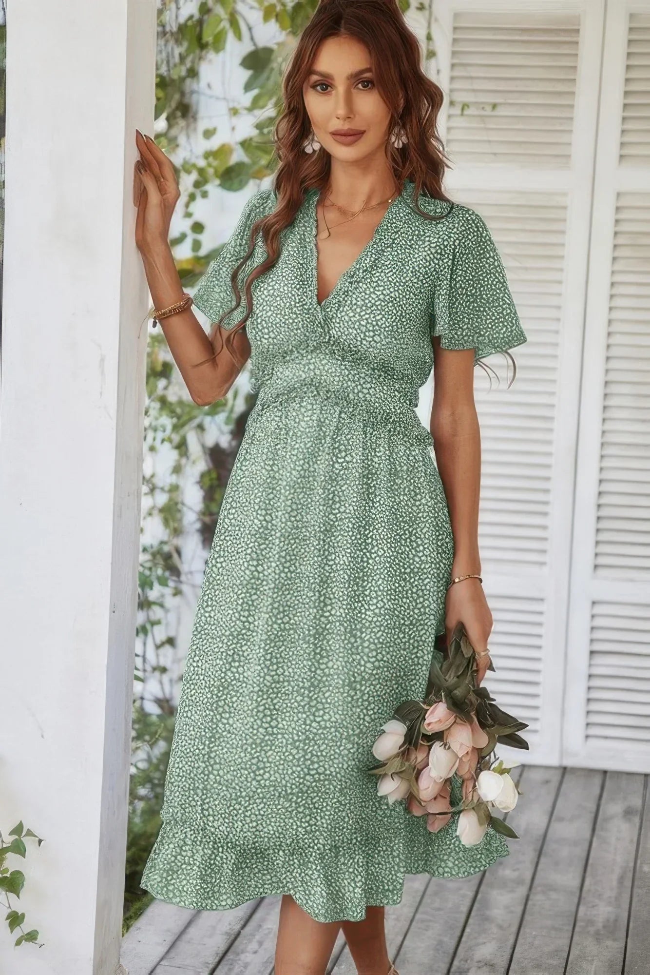 Deep V Neck Floral Boho Ruffle Short Sleeve Dress - minbolu -