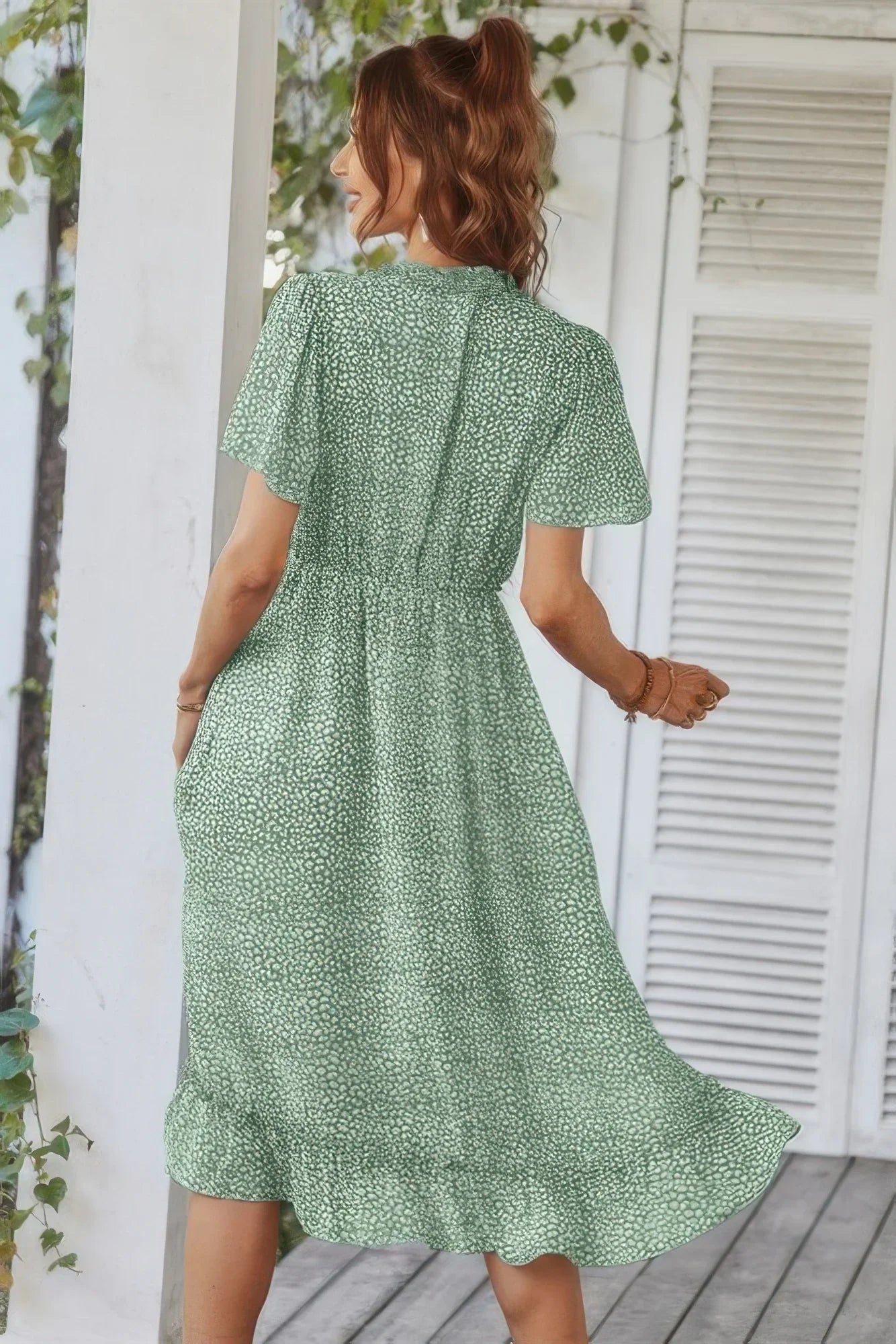 Deep V Neck Floral Boho Ruffle Short Sleeve Dress - minbolu -