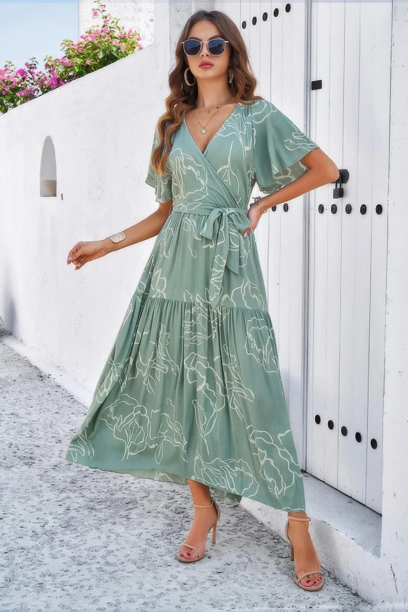 Allover Print V Neck Fit Belt A Line Long Dress - minbolu -