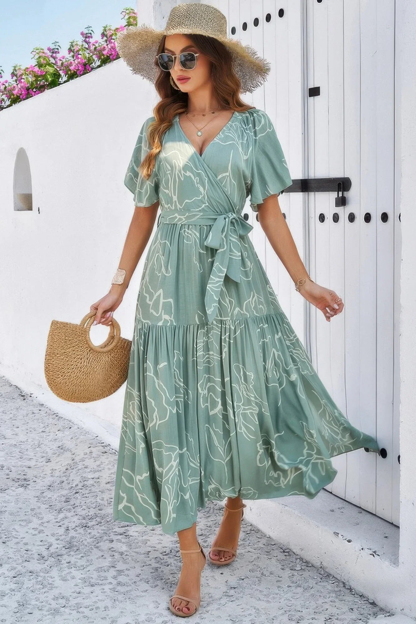Allover Print V Neck Fit Belt A Line Long Dress - minbolu -