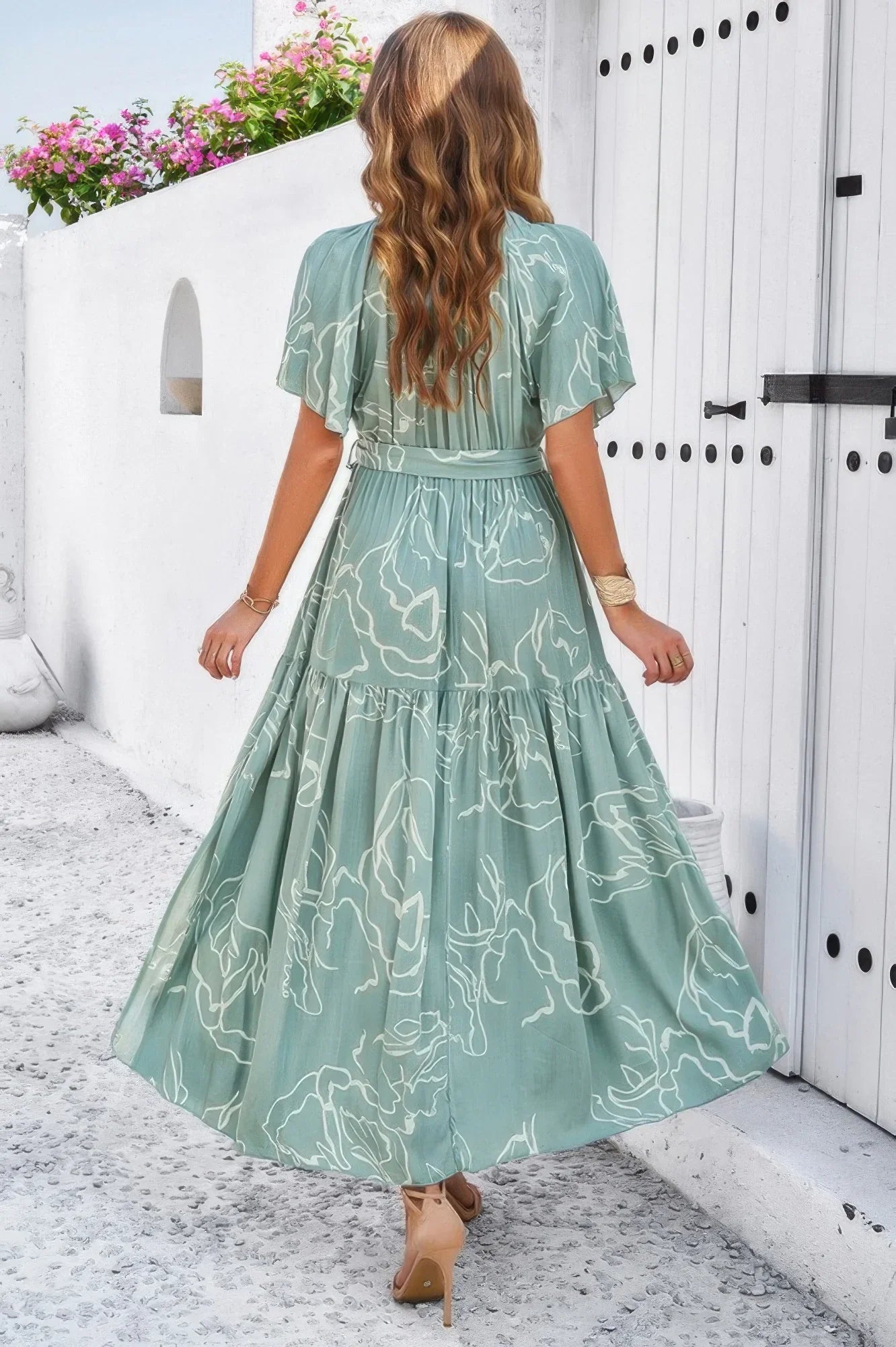 Allover Print V Neck Fit Belt A Line Long Dress - minbolu -