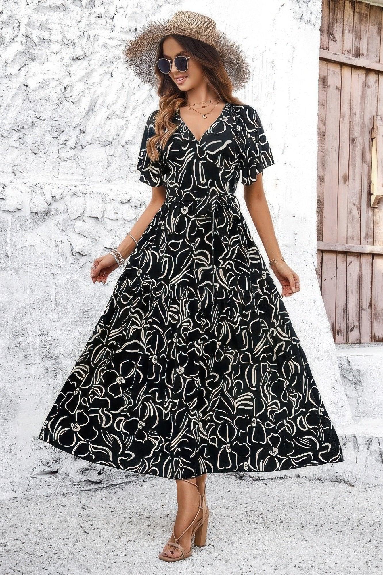 Allover Print V Neck Fit Belt A Line Long Dress: Black - minbolu -