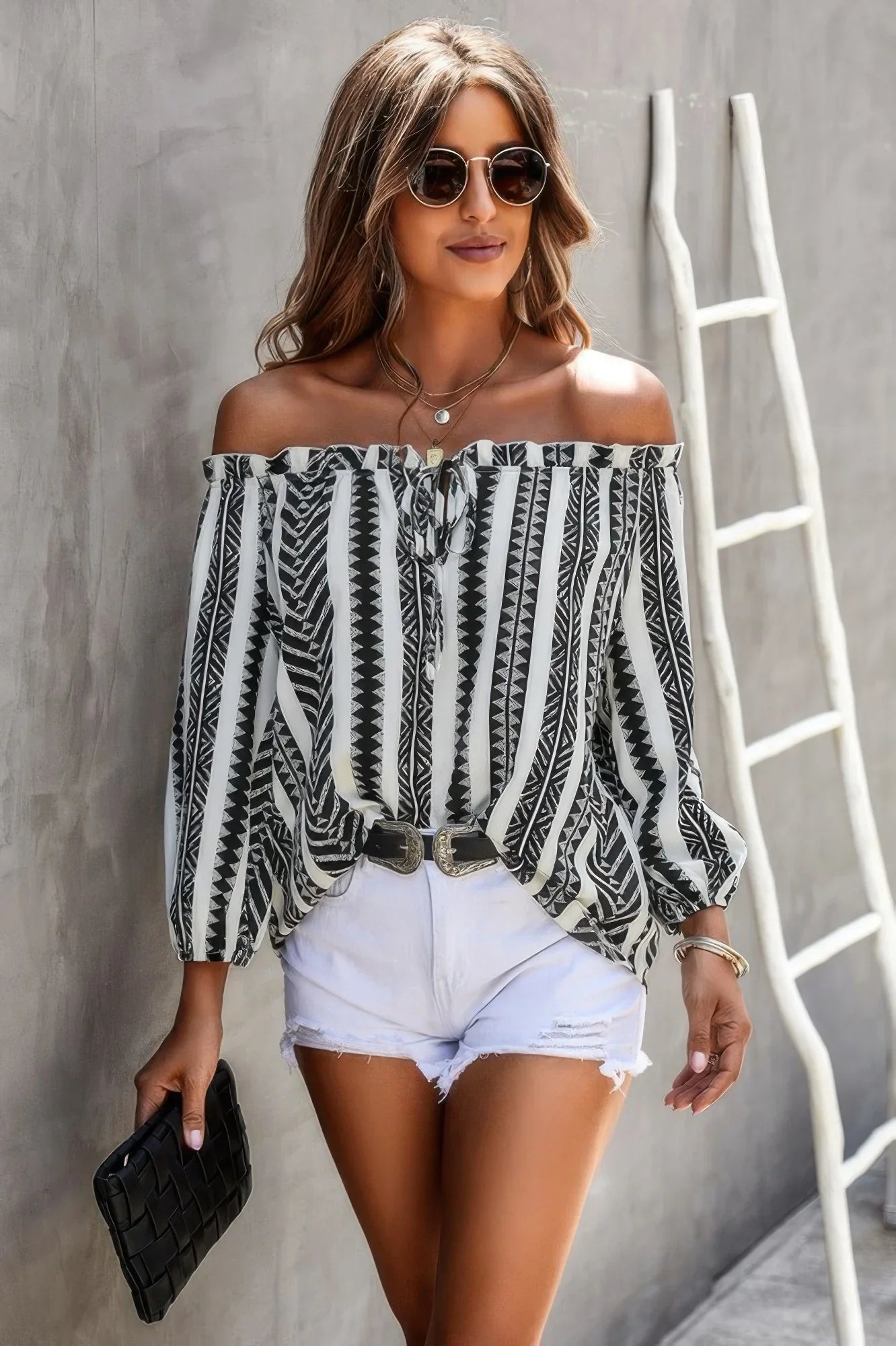 Printed Off Shoulder Frilled Tie Lantern Sleeve Shirt - minbolu -