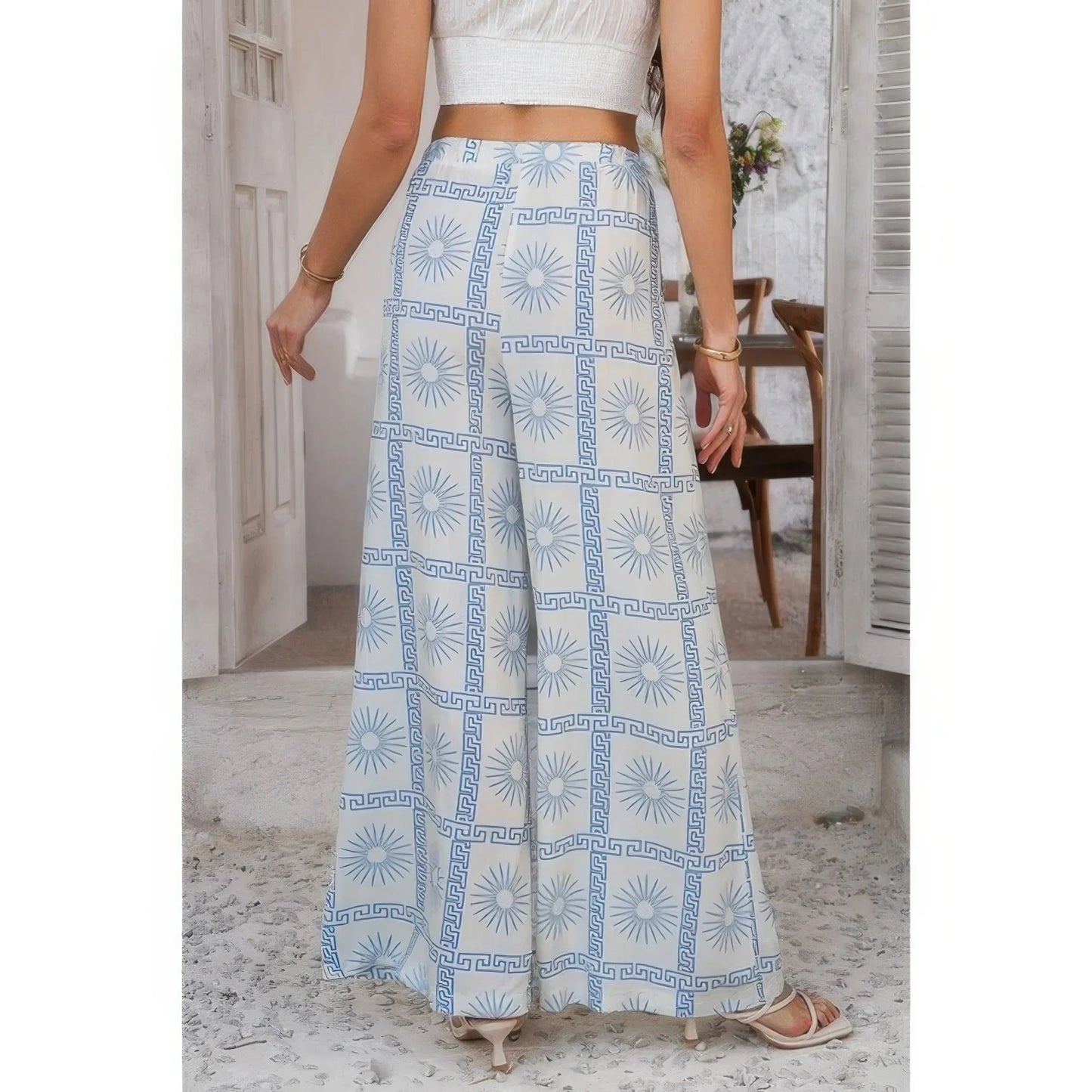 Allover Print Drawstring Pockets Wide Leg Pants: Light Blue - minbolu -