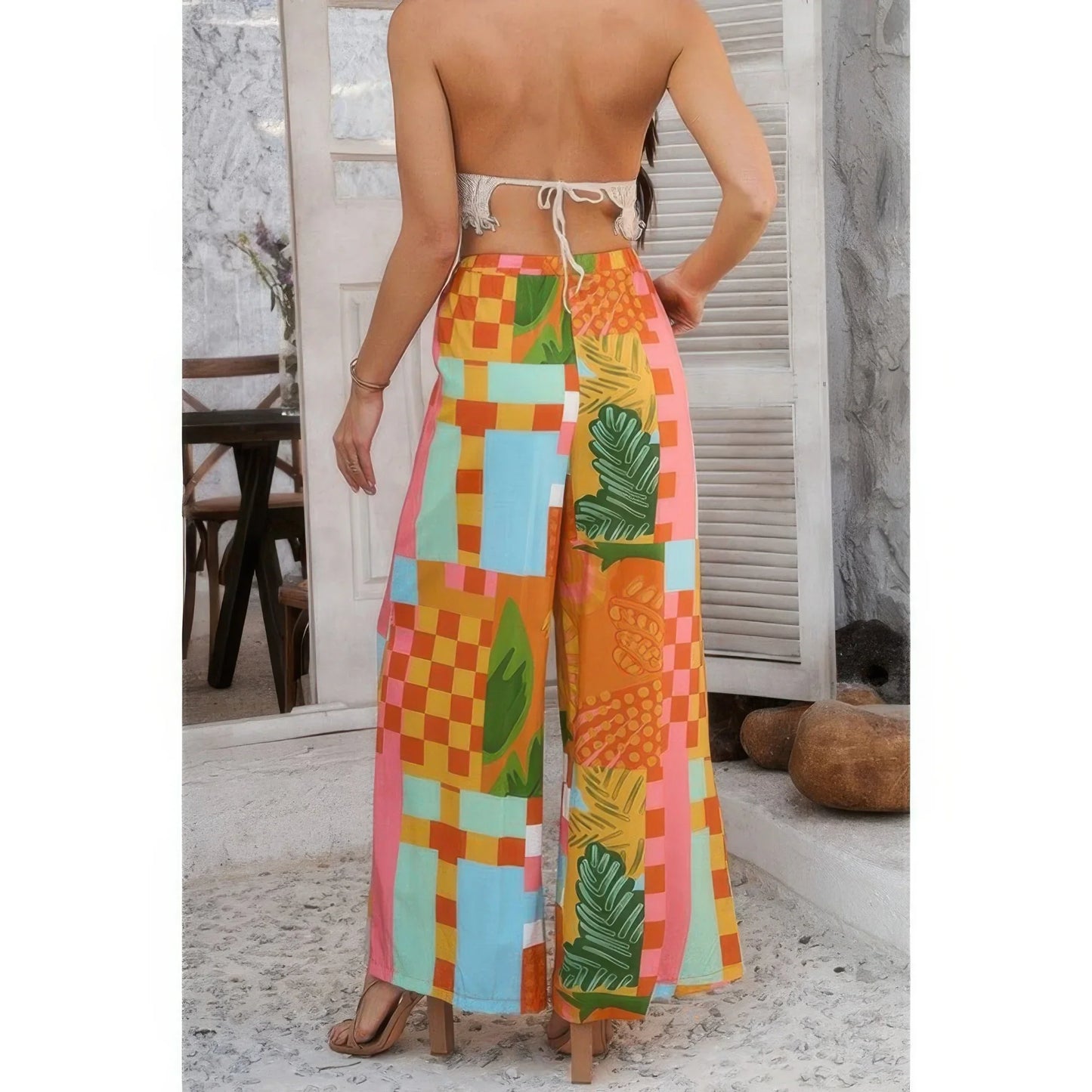 Allover Print Drawstring Pockets Wide Leg Pants: Orange - minbolu -