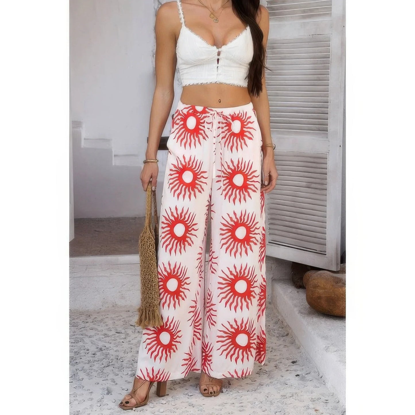 Allover Print Drawstring Pockets Wide Leg Pants: White/Red - minbolu -