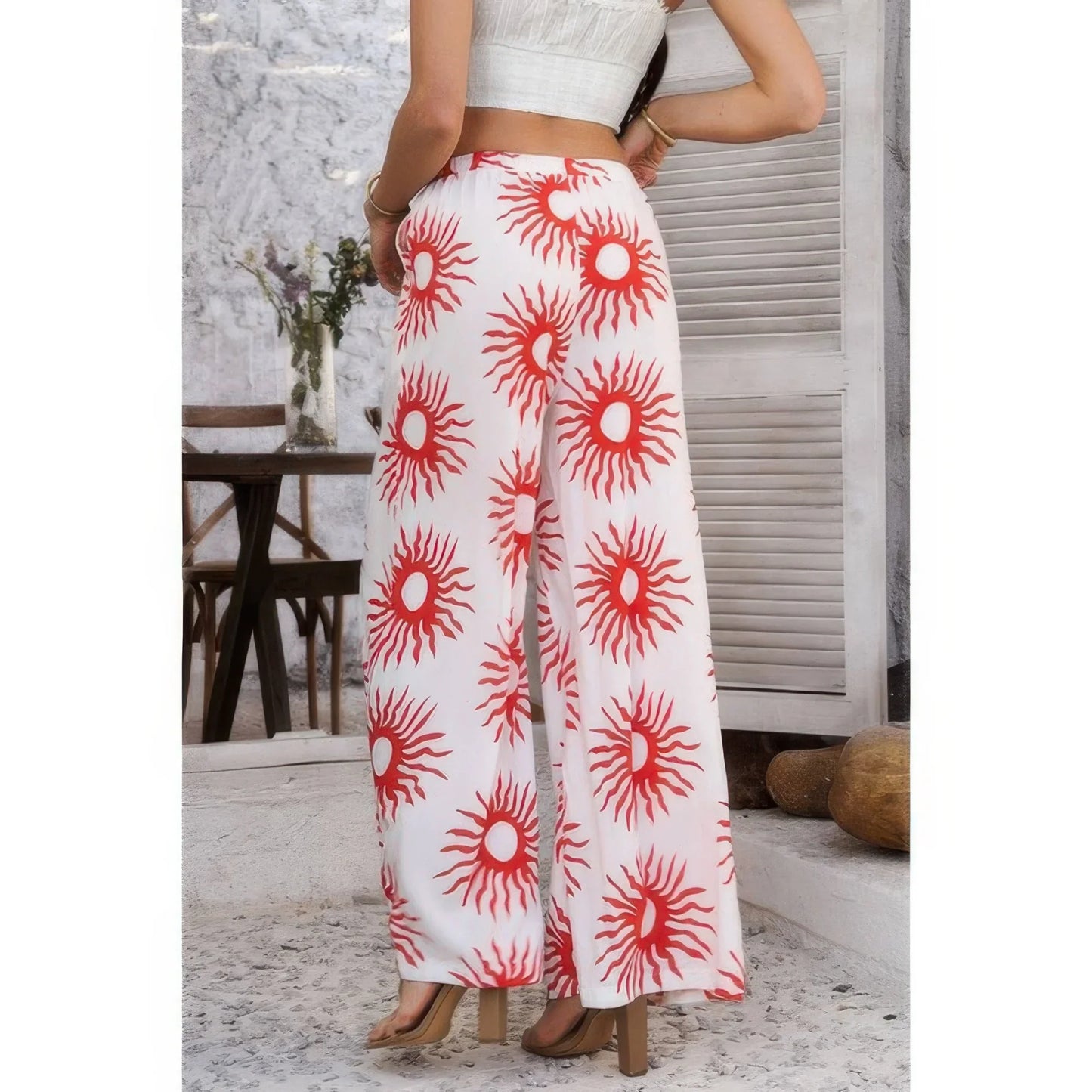 Allover Print Drawstring Pockets Wide Leg Pants: White/Red - minbolu -