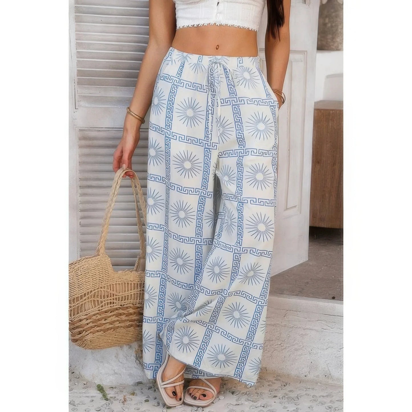 Allover Print Drawstring Pockets Wide Leg Pants: Light Blue - minbolu -