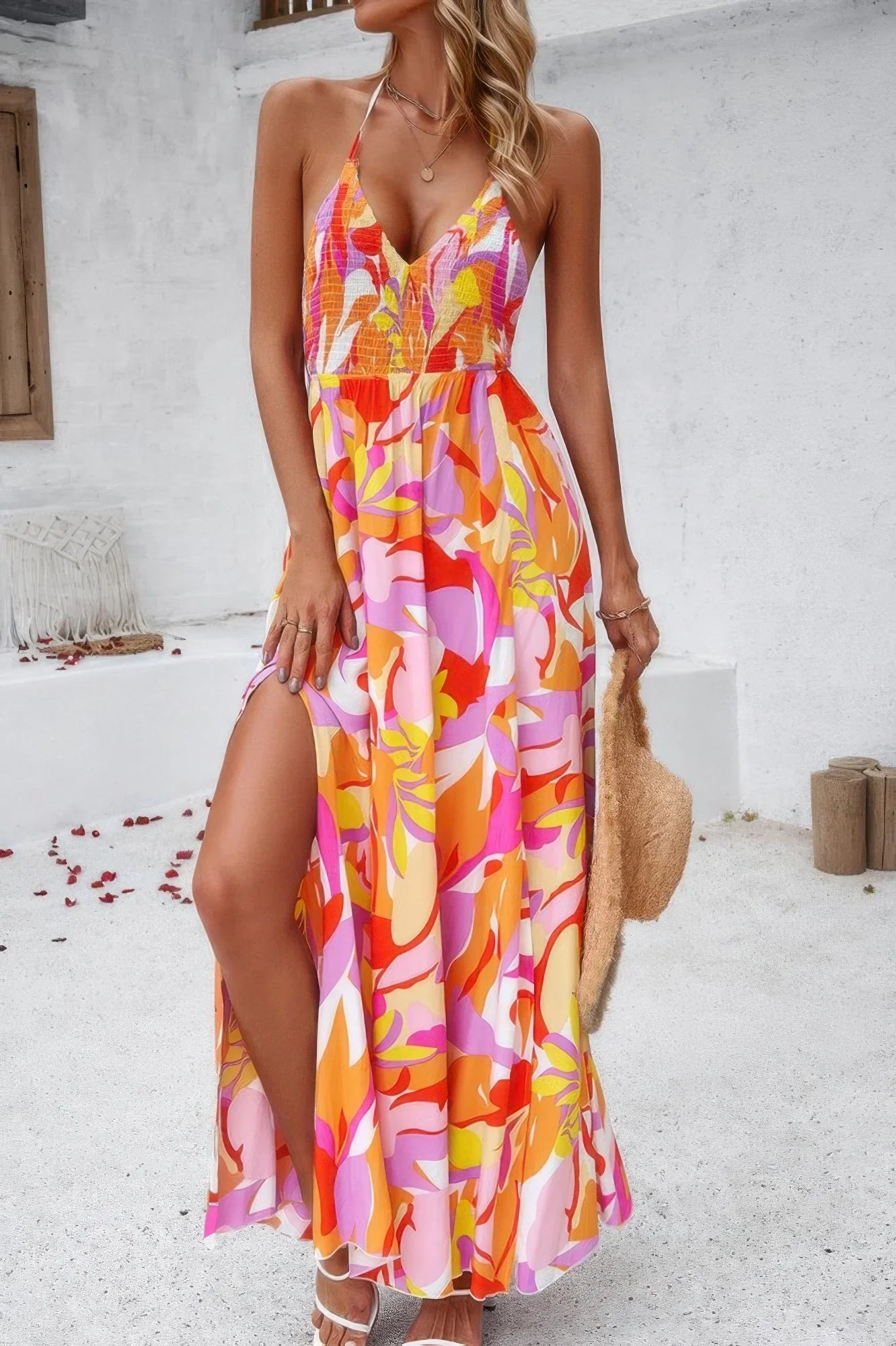 Floral Boho Tie Sleeveless High Waist Maxi Dress - minbolu -