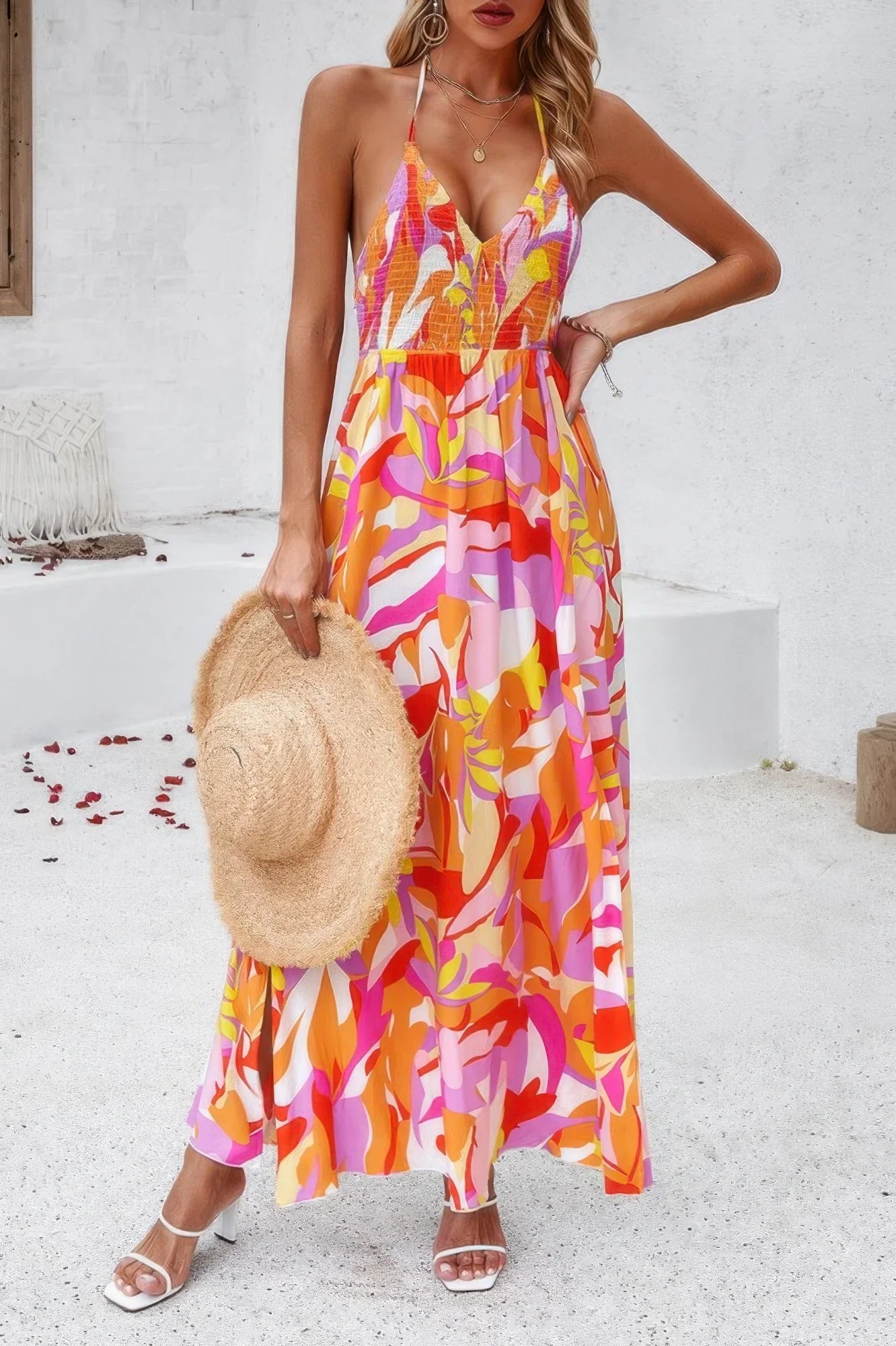Floral Boho Tie Sleeveless High Waist Maxi Dress - minbolu -