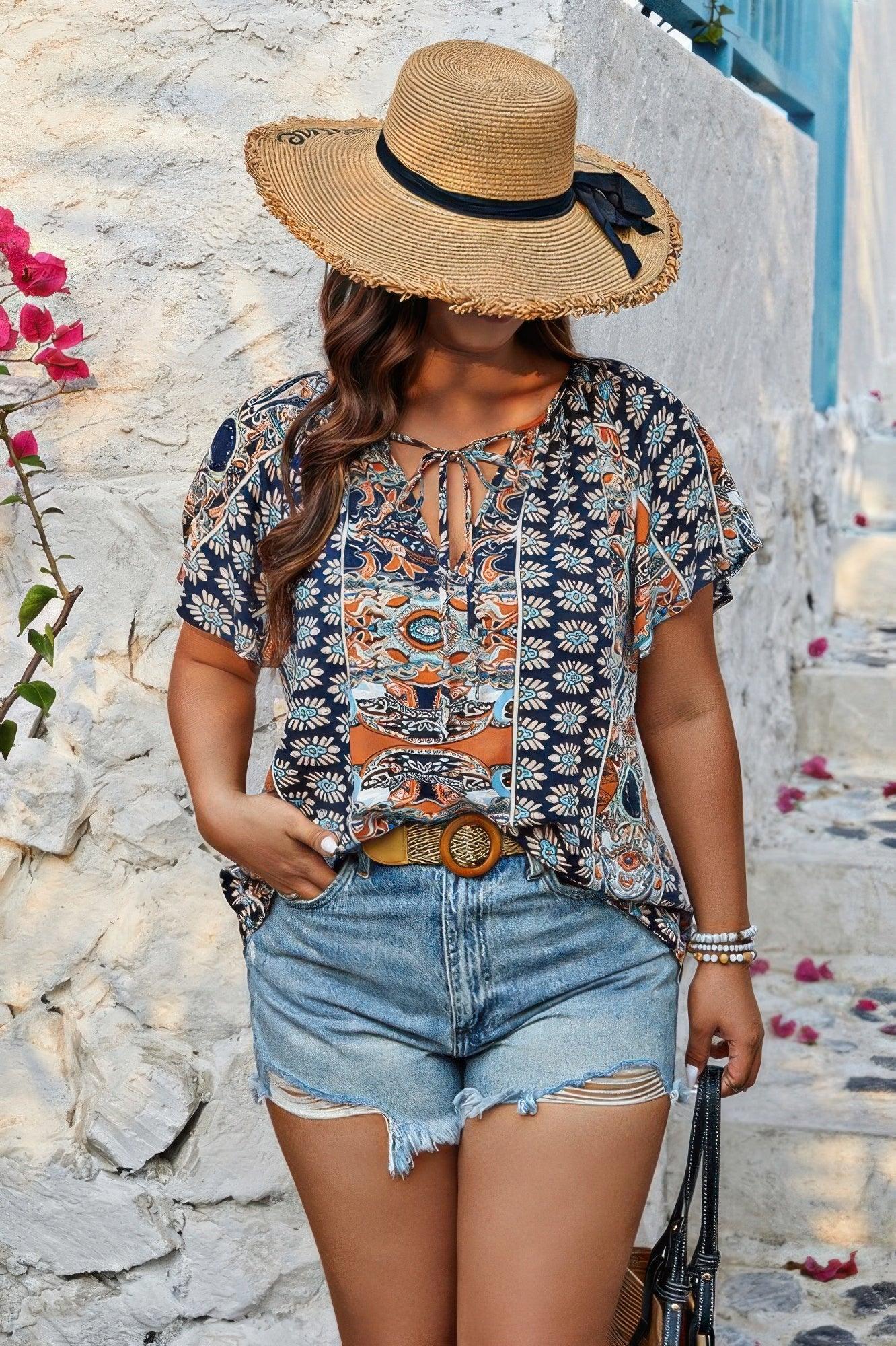 Plus Size Allover Print Boheme Loose Fit Top - minbolu -