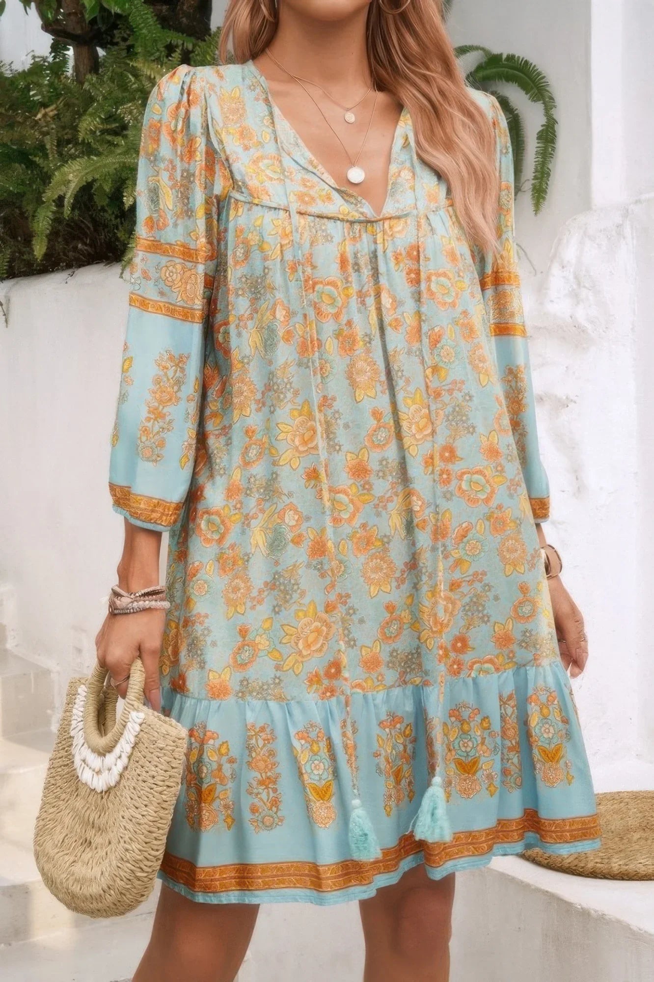 Ruched Bohemian Ruffle Hem Tassel Dress - minbolu -