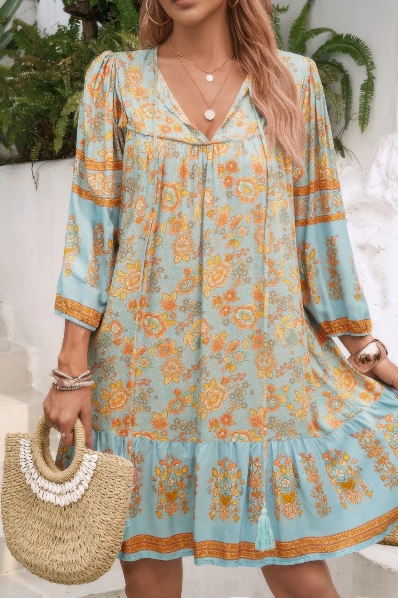 Ruched Bohemian Ruffle Hem Tassel Dress - minbolu -