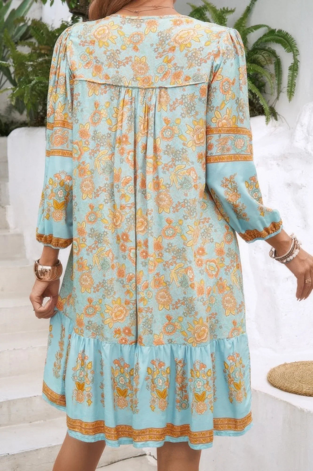 Ruched Bohemian Ruffle Hem Tassel Dress - minbolu -