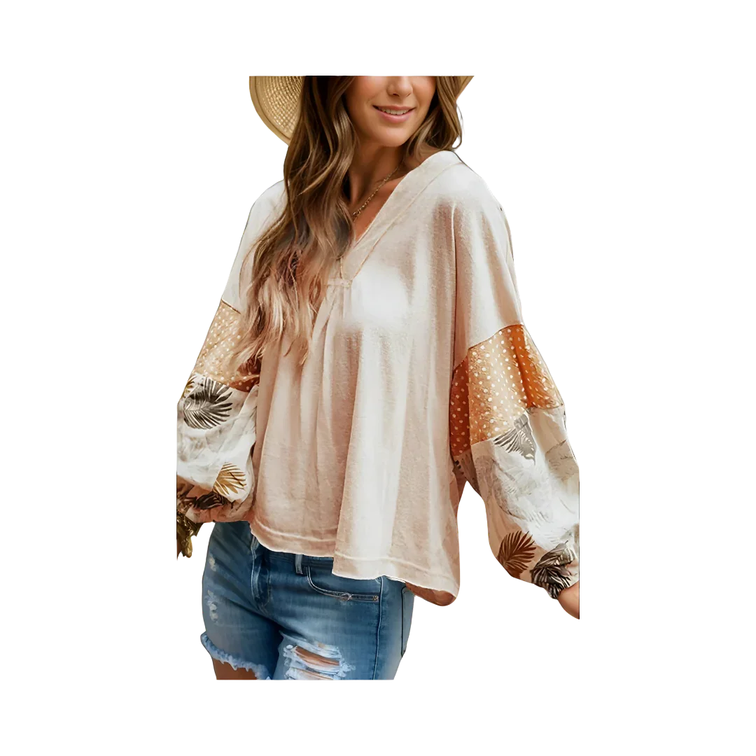 Floral Print Long Sleeve V-Neck Blouse - minbolu -