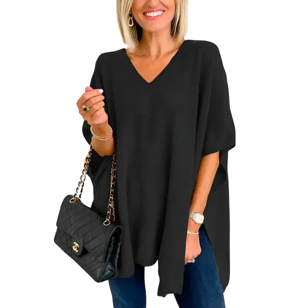 Slit V-Neck Half Sleeve Knit Top - minbolu -
