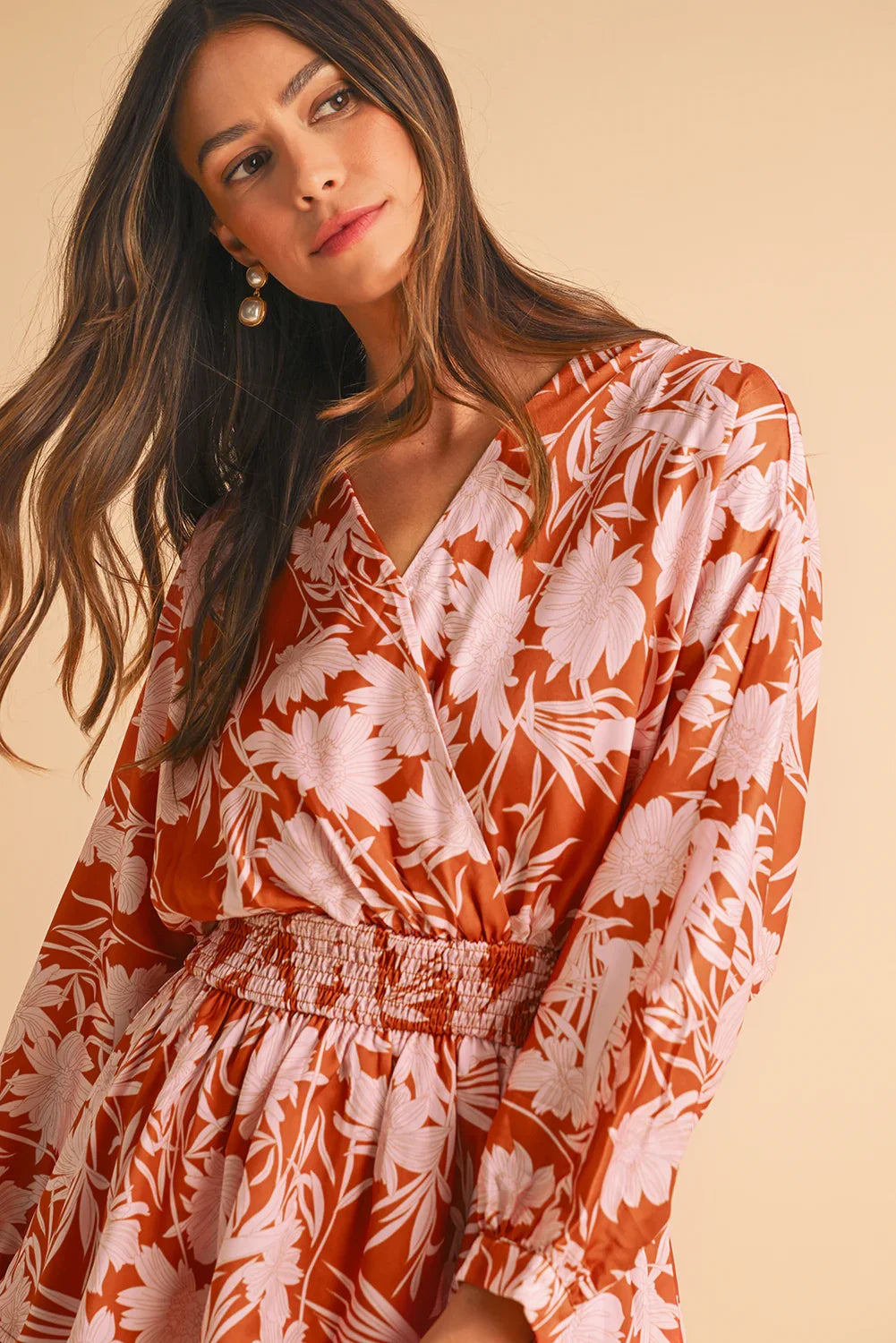 Brown Floral Puff Sleeve Shirred Waist Layered Dress - minbolu -