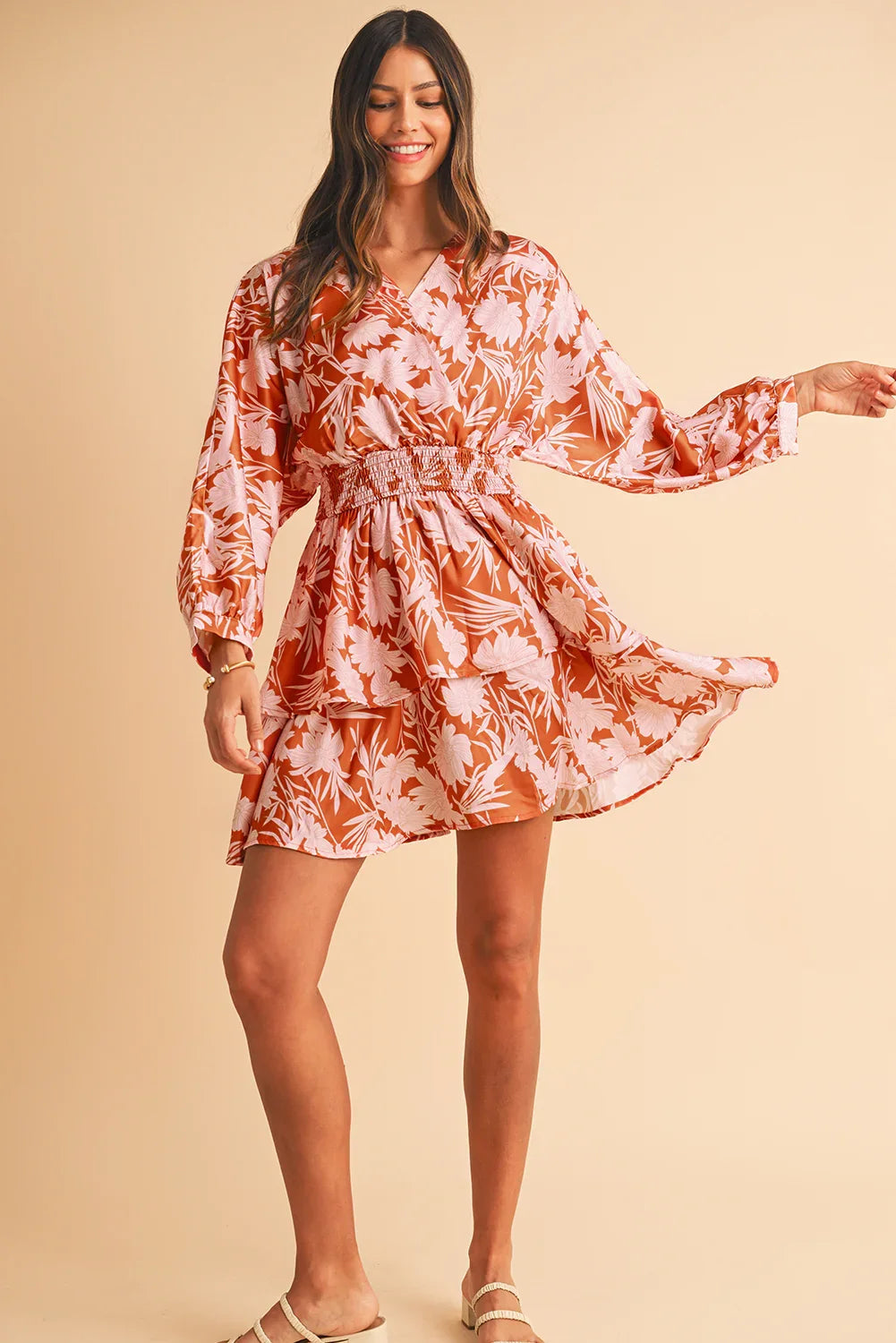 Brown Floral Puff Sleeve Shirred Waist Layered Dress - minbolu -