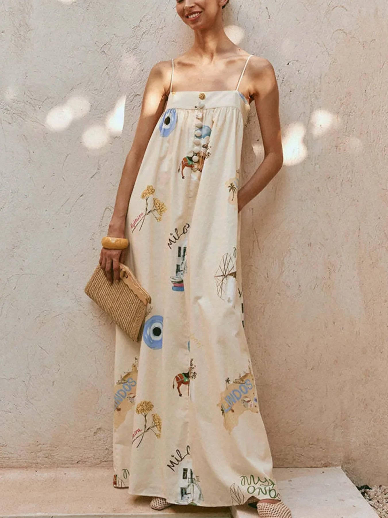 Women's Maxi Dress - Bohemian Print Cami with Pockets Long Dress - minbolu -