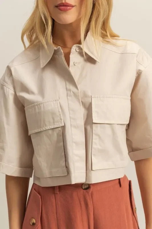 Cropped Women's Shirt - HYFVE Poplin Collar with Pockets - minbolu -